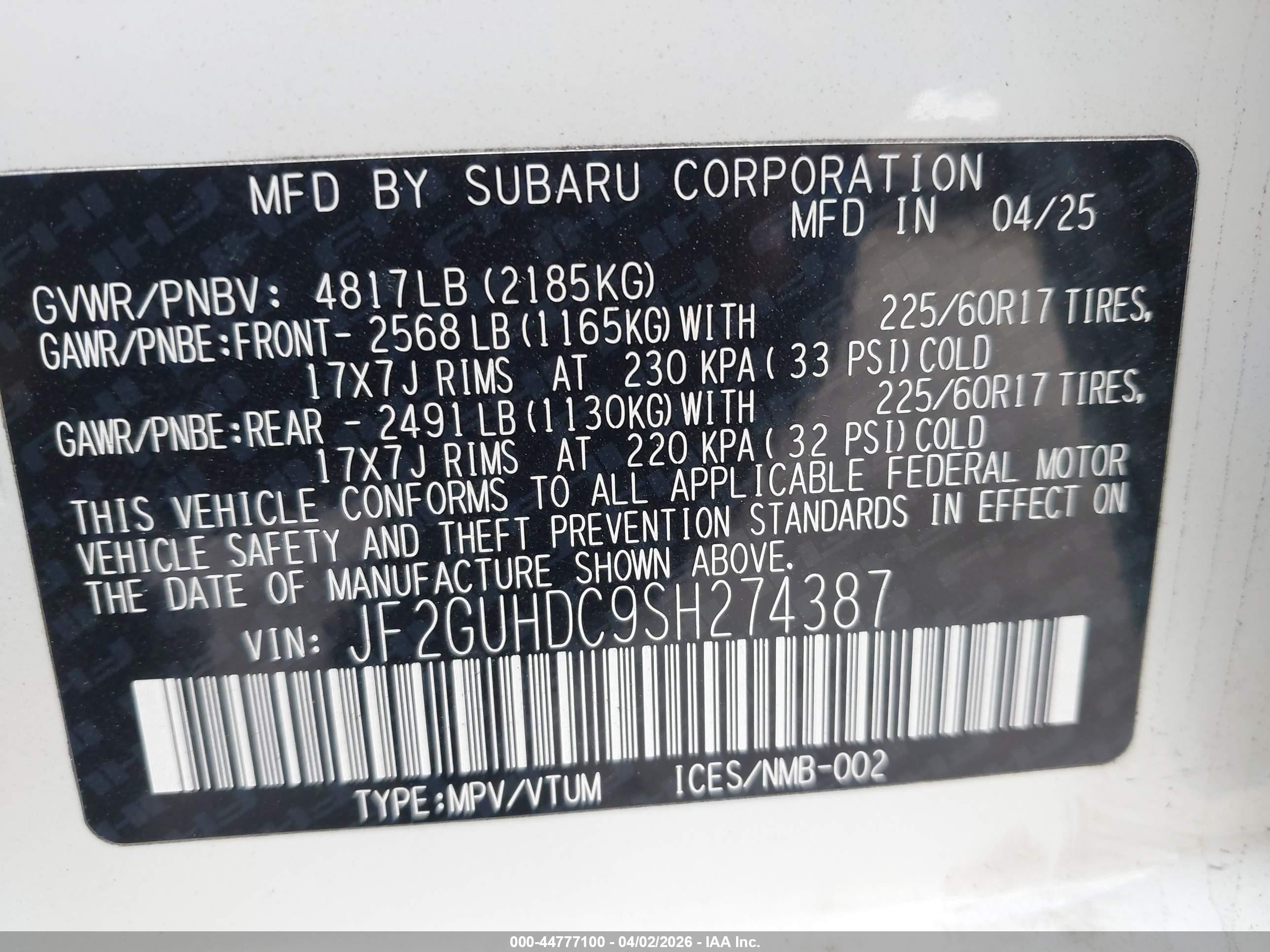 2025 Subaru Xv VIN JF2GUHDC9SH274387 IAAI salvage auction — Unknown, Wait Title, sold $7,100 on 2026-09-21 (photo 9)