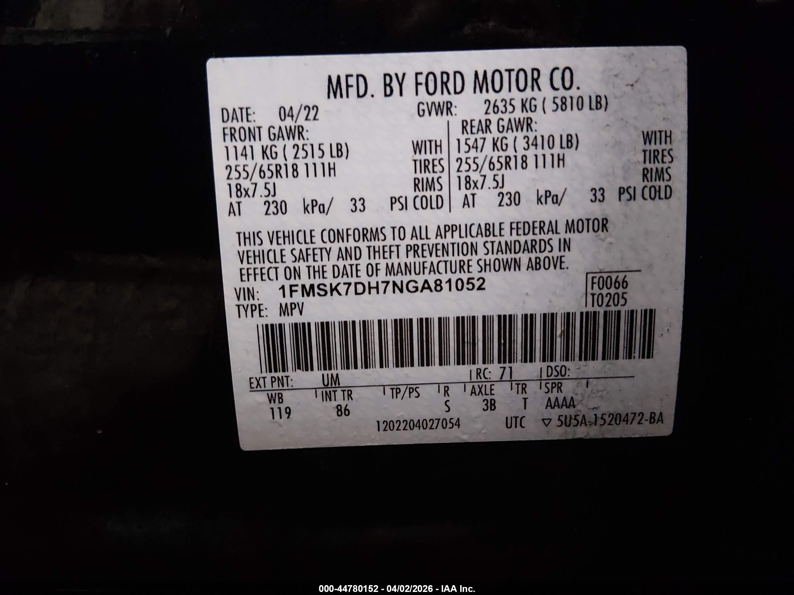 2022 Ford Explorer VIN 1FMSK7DH7NGA81052 IAAI salvage auction — Front & Rear, Salvage (Idaho), sold $4,000 on 2026-07-10 (photo 9)