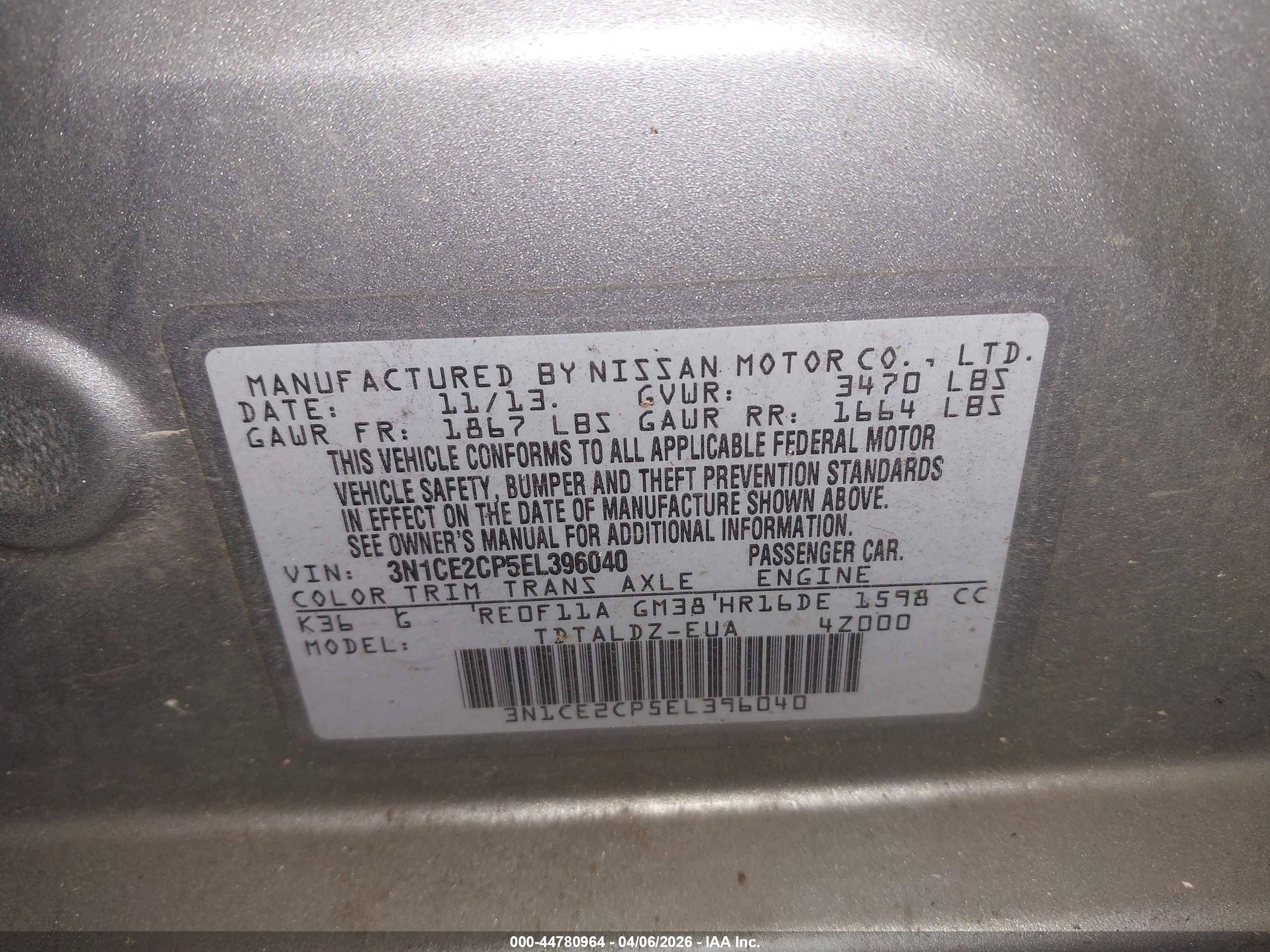 2014 Nissan Versa Note VIN 3N1CE2CP5EL396040 IAAI salvage auction — Front End, Clear (Indiana), sold $925 on 2026-07-09 (photo 9)