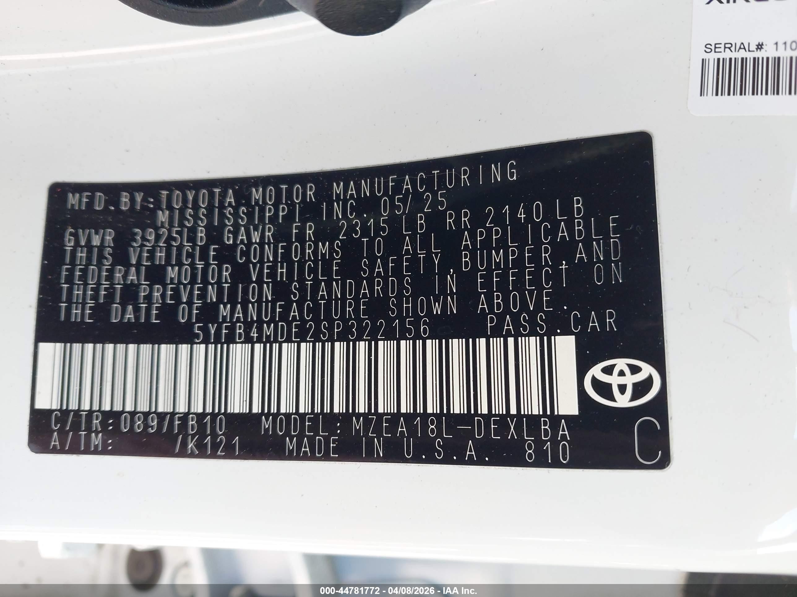 2025 Toyota Corolla VIN 5YFB4MDE2SP322156 IAAI salvage auction — Unknown, Rebuildable (Florida), sold $5,350 on 2026-09-09 (photo 9)