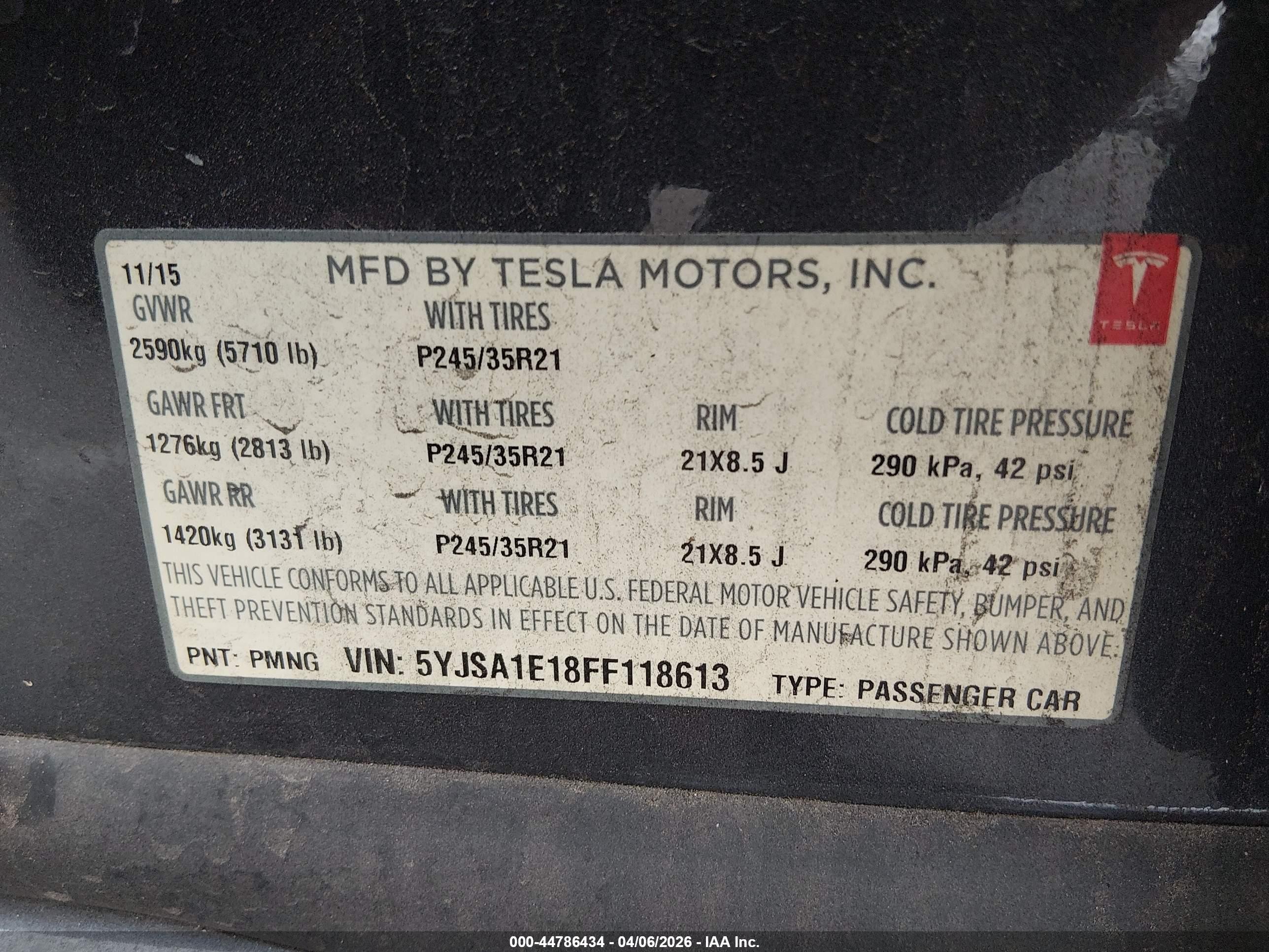 2015 Tesla Model S VIN 5YJSA1E18FF118613 IAAI salvage auction — Front End, Salvage (Arizona), sold $1,650 on 2026-06-30 (photo 9)