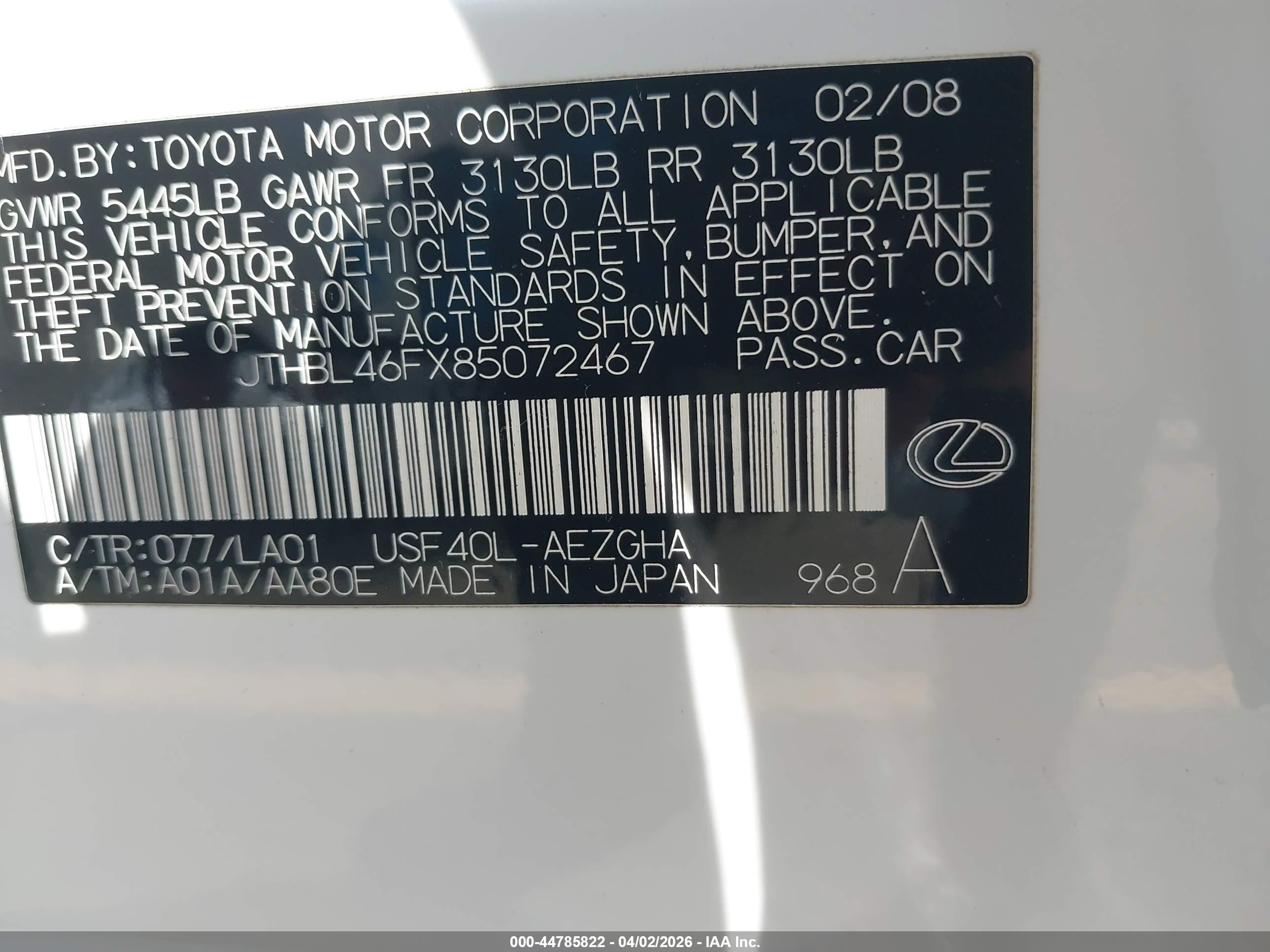 2008 Lexus Ls VIN JTHBL46FX85072467 IAAI salvage auction — Rear End, Salvage (California), sold $5,400 on 2026-05-20 (photo 9)