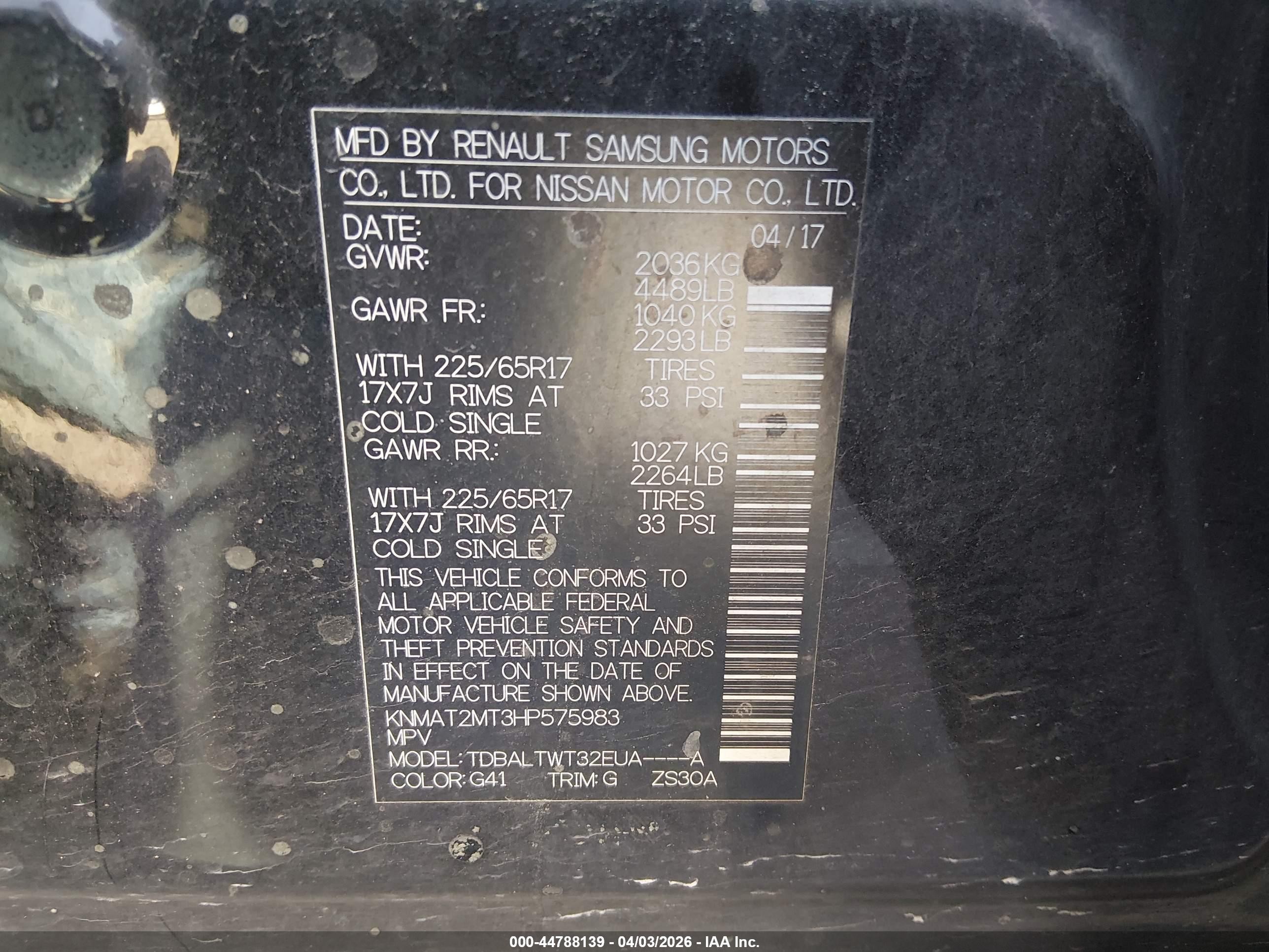 2017 Nissan Rogue VIN KNMAT2MT3HP575983 IAAI salvage auction — Side, Salvage (Nevada), sold $1,900 on 2026-07-01 (photo 9)