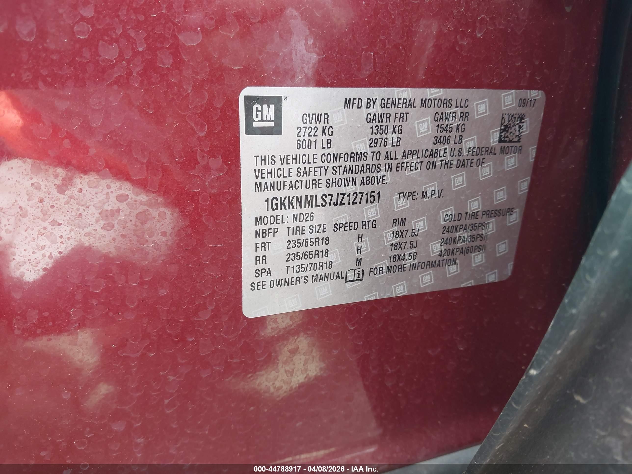 2018 GMC Acadia VIN 1GKKNMLS7JZ127151 IAAI salvage auction — Front End, Salvage (North Carolina), sold $4,075 on 2026-09-27 (photo 9)