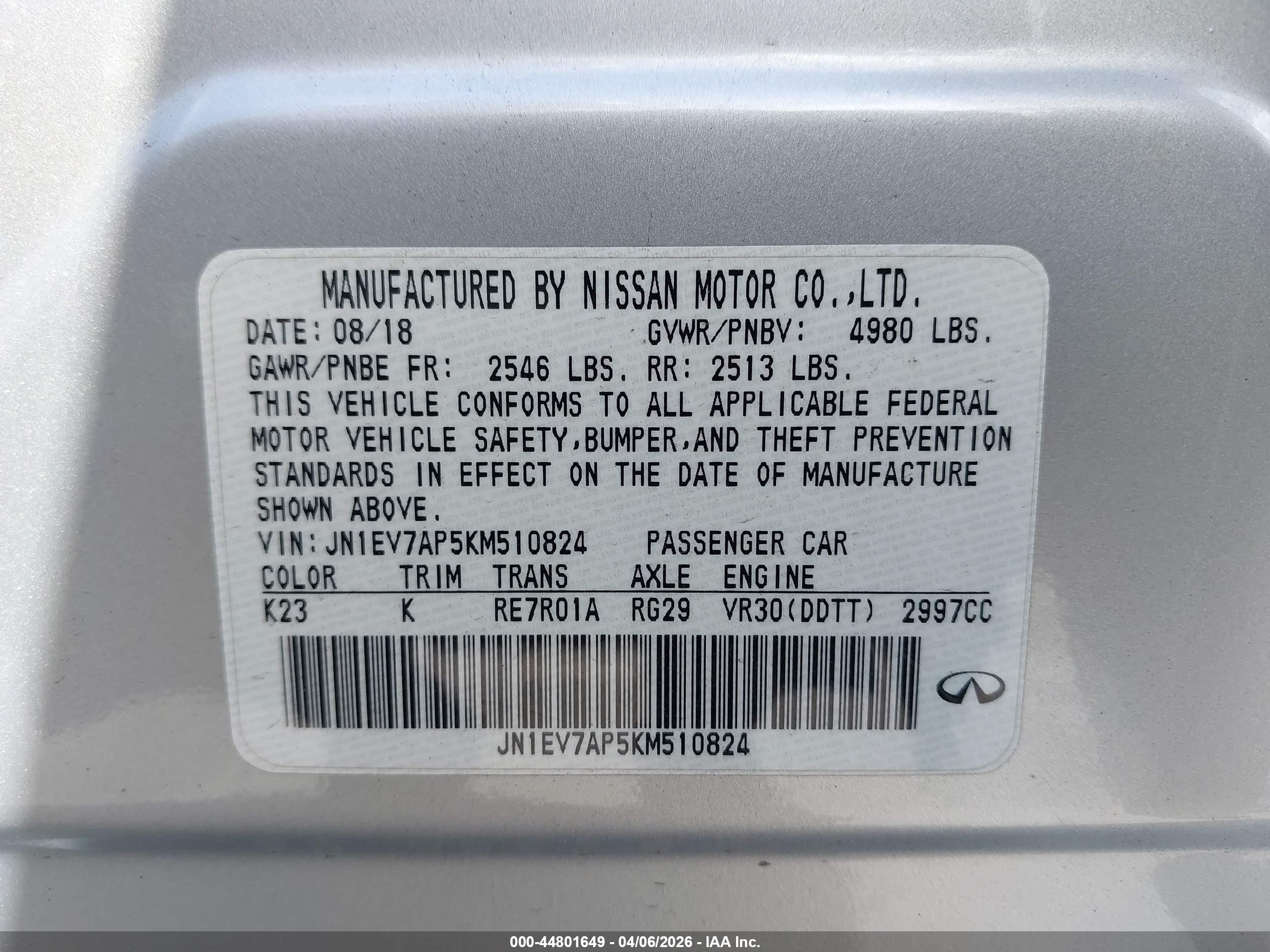 2019 Infiniti Q50 VIN JN1EV7AP5KM510824 IAAI salvage auction — Unknown, Salvage (Texas), sold $875 on 2026-07-09 (photo 9)