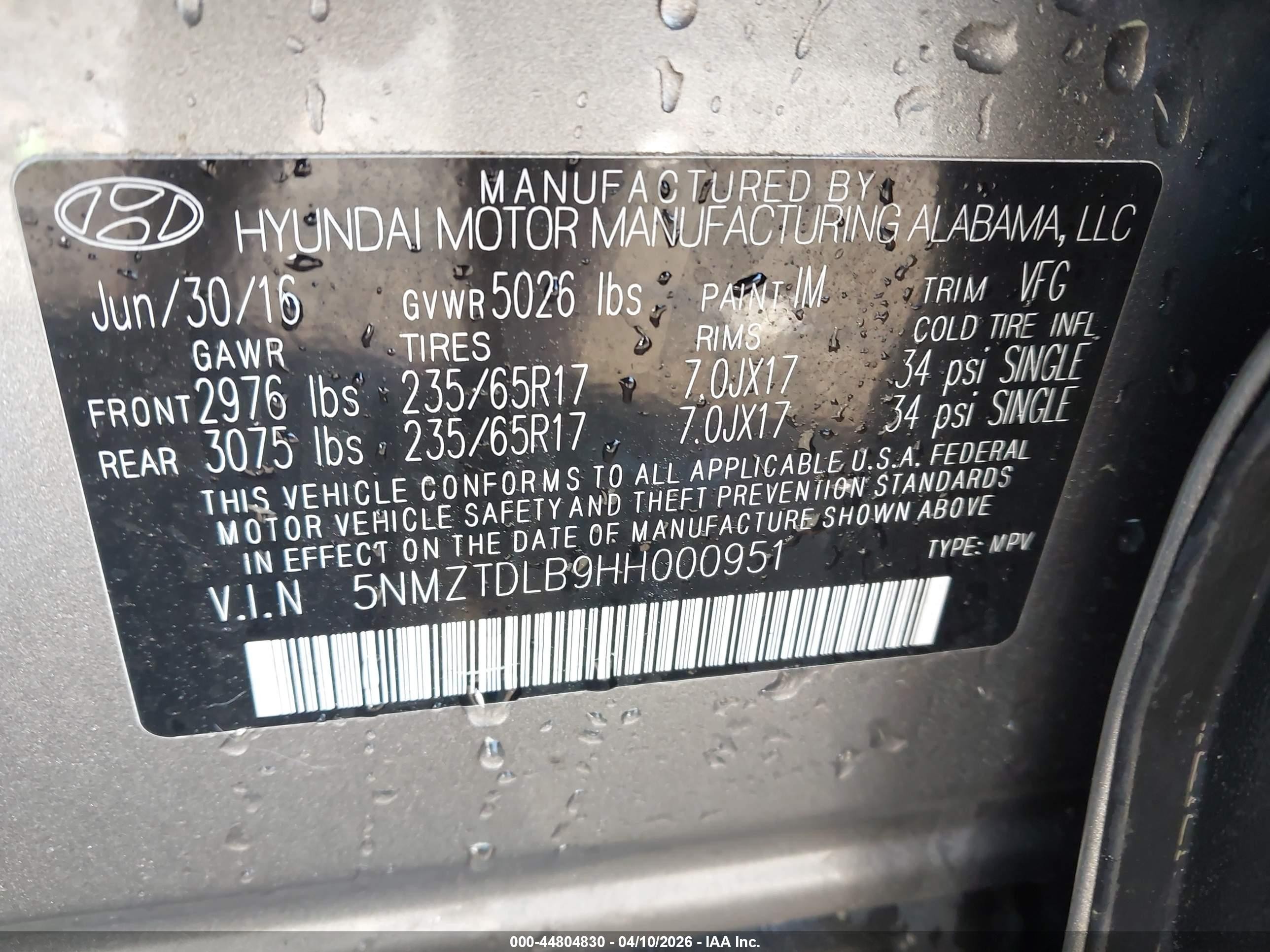 2017 Hyundai Santa Fe VIN 5NMZTDLB9HH000951 IAAI salvage auction — Unknown, Salvage (Virginia), sold $1,950 on 2026-07-12 (photo 9)