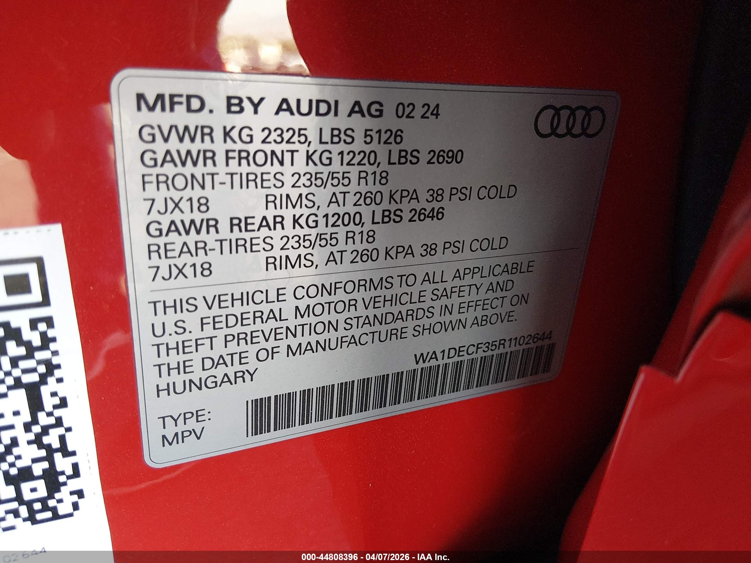 2024 Audi Q3 VIN WA1DECF35R1102644 IAAI salvage auction — Front End, Salvage (Nevada), sold $6,000 on 2026-07-10 (photo 9)
