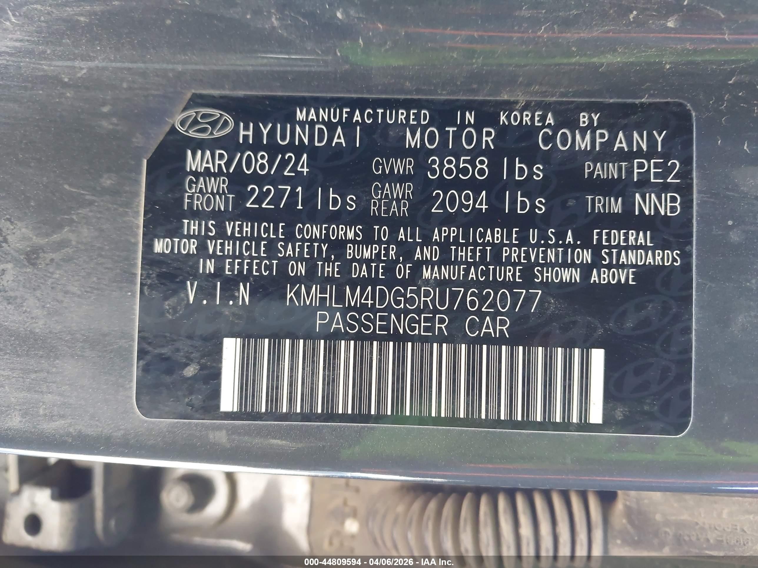 2024 Hyundai Elantra VIN KMHLM4DG5RU762077 IAAI salvage auction — Rear End, Salvage (California), sold $4,850 on 2026-07-09 (photo 9)