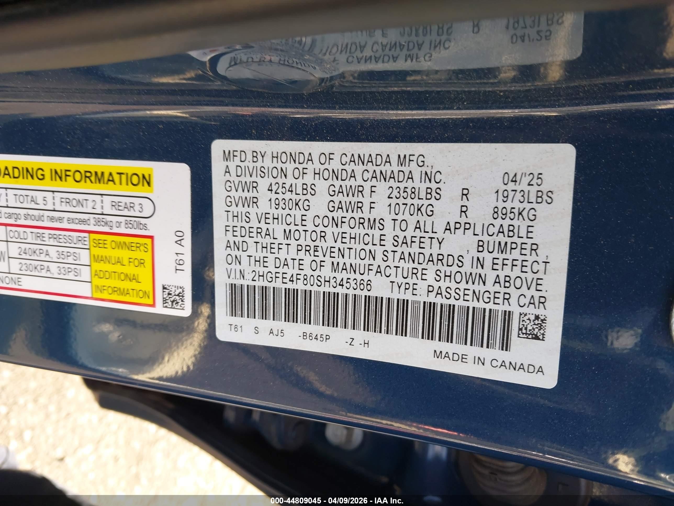 2025 Honda Civic Hybrid VIN 2HGFE4F80SH345366 IAAI salvage auction — Front & Rear, Salvage Certificate (California), sold $9,300 on 2026-07-13 (photo 9)