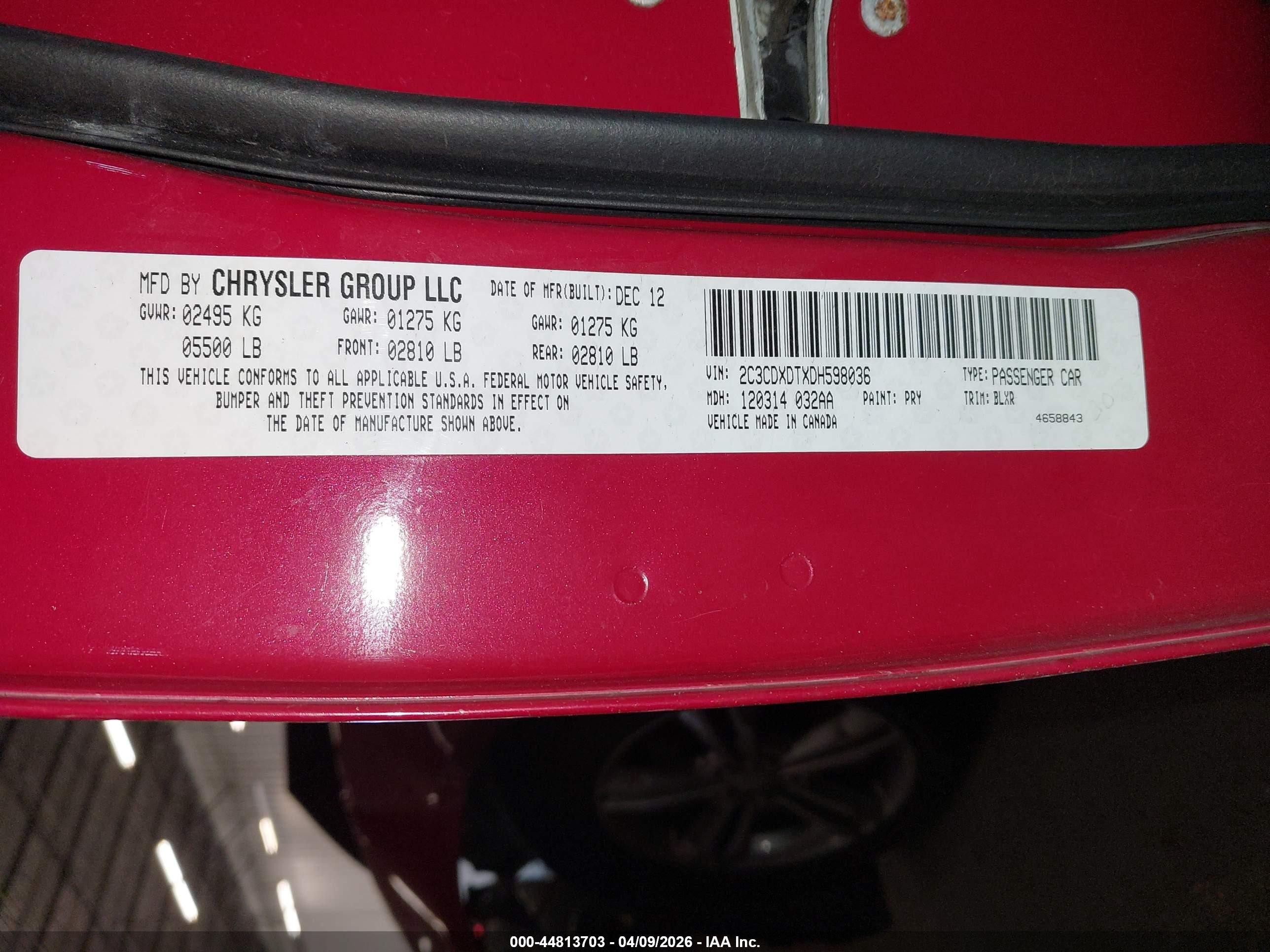 2013 Dodge Charger VIN 2C3CDXDTXDH598036 IAAI salvage auction — Front End, Salvage (Oregon), sold $750 on 2026-09-13 (photo 9)