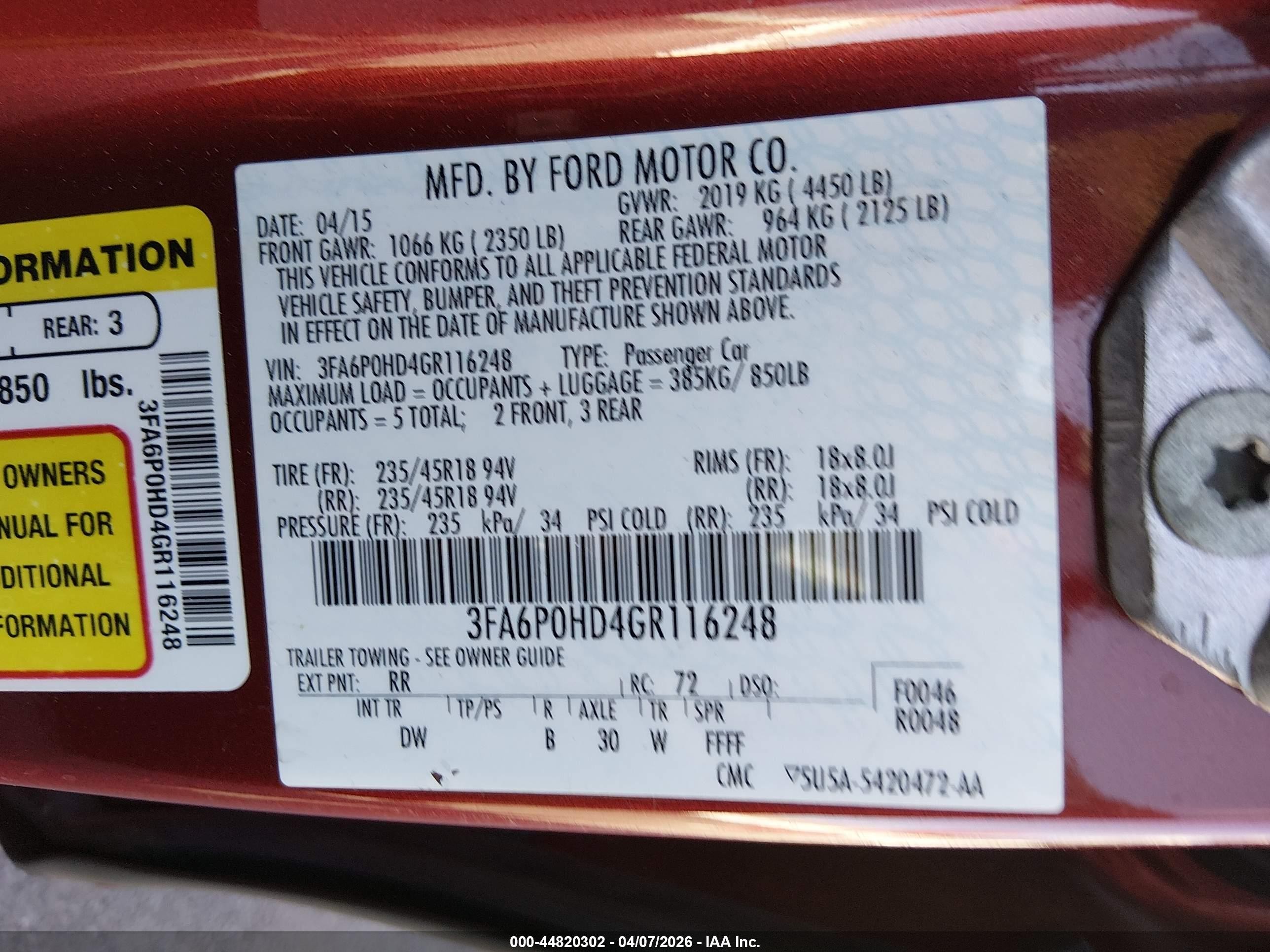 2016 Ford Fusion VIN 3FA6P0HD4GR116248 IAAI salvage auction — Front End, Salvage (Nevada), sold $1,875 on 2026-07-10 (photo 9)