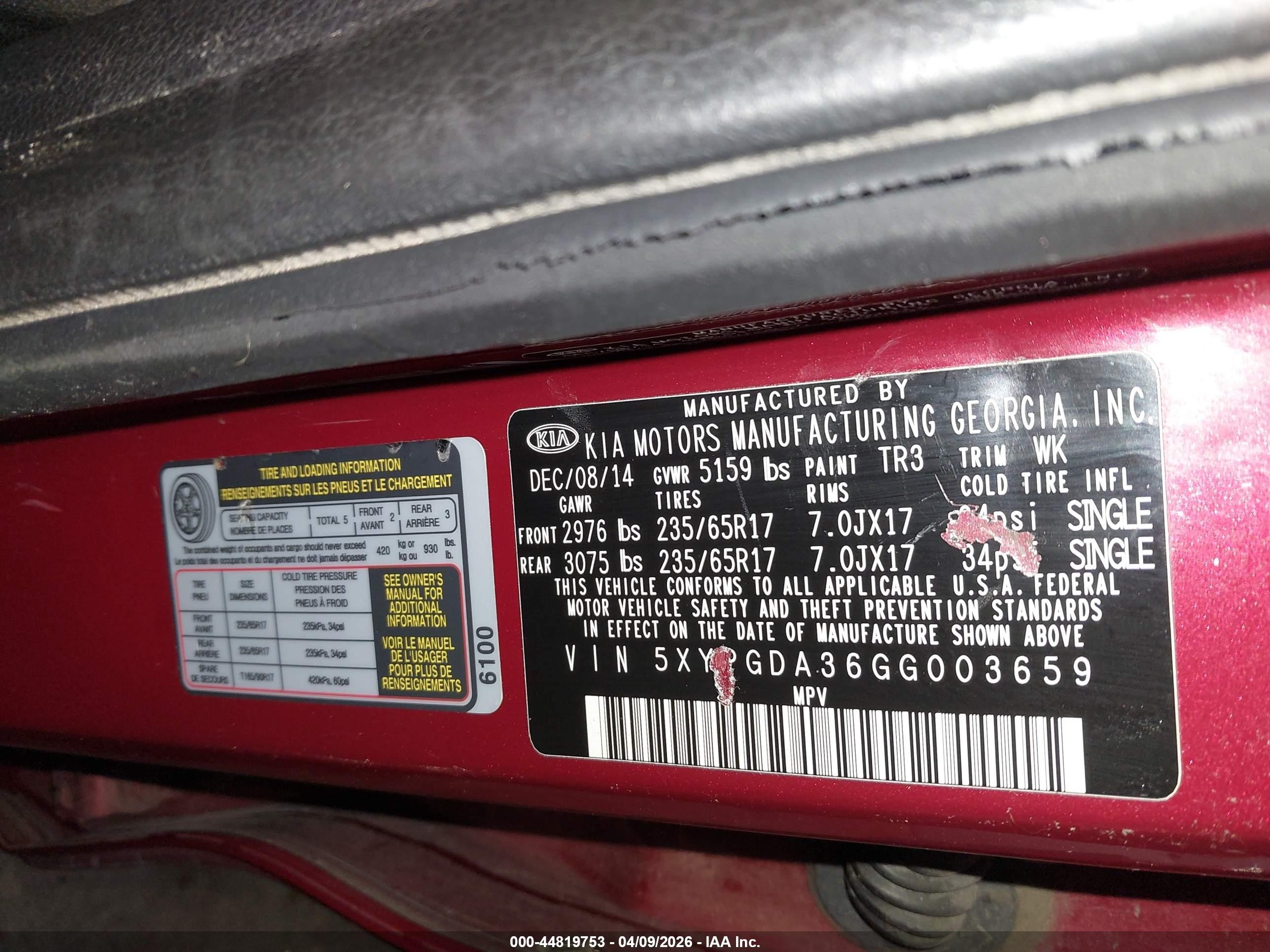 2016 Kia Sorento VIN 5XYPGDA36GG003659 IAAI salvage auction — Unknown, Salvage (Idaho), sold $800 on 2026-07-10 (photo 9)