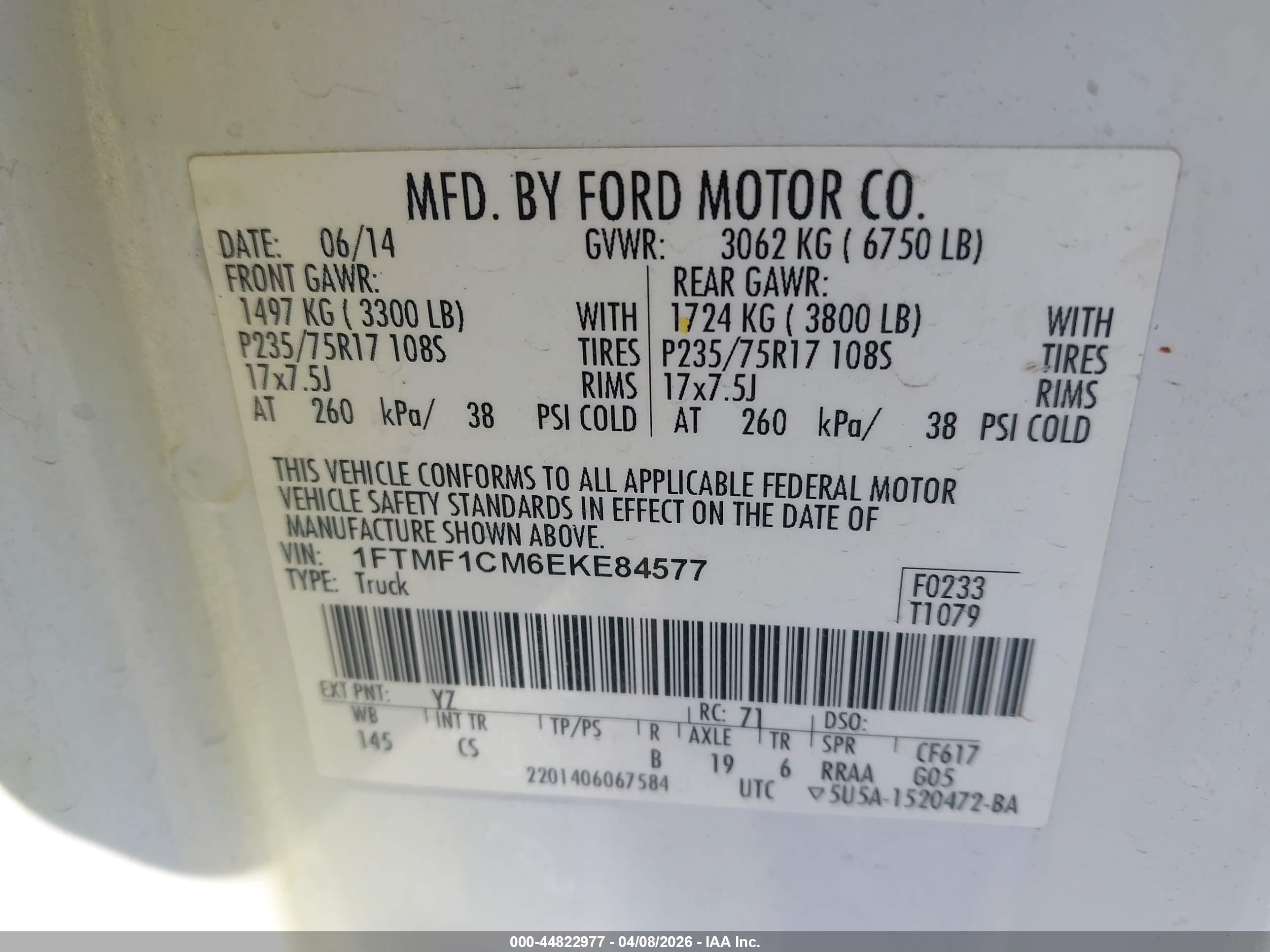 2014 Ford F-150 VIN 1FTMF1CM6EKE84577 IAAI salvage auction — Rear End, Salvage (Arizona), sold $1,650 on 2026-06-25 (photo 9)