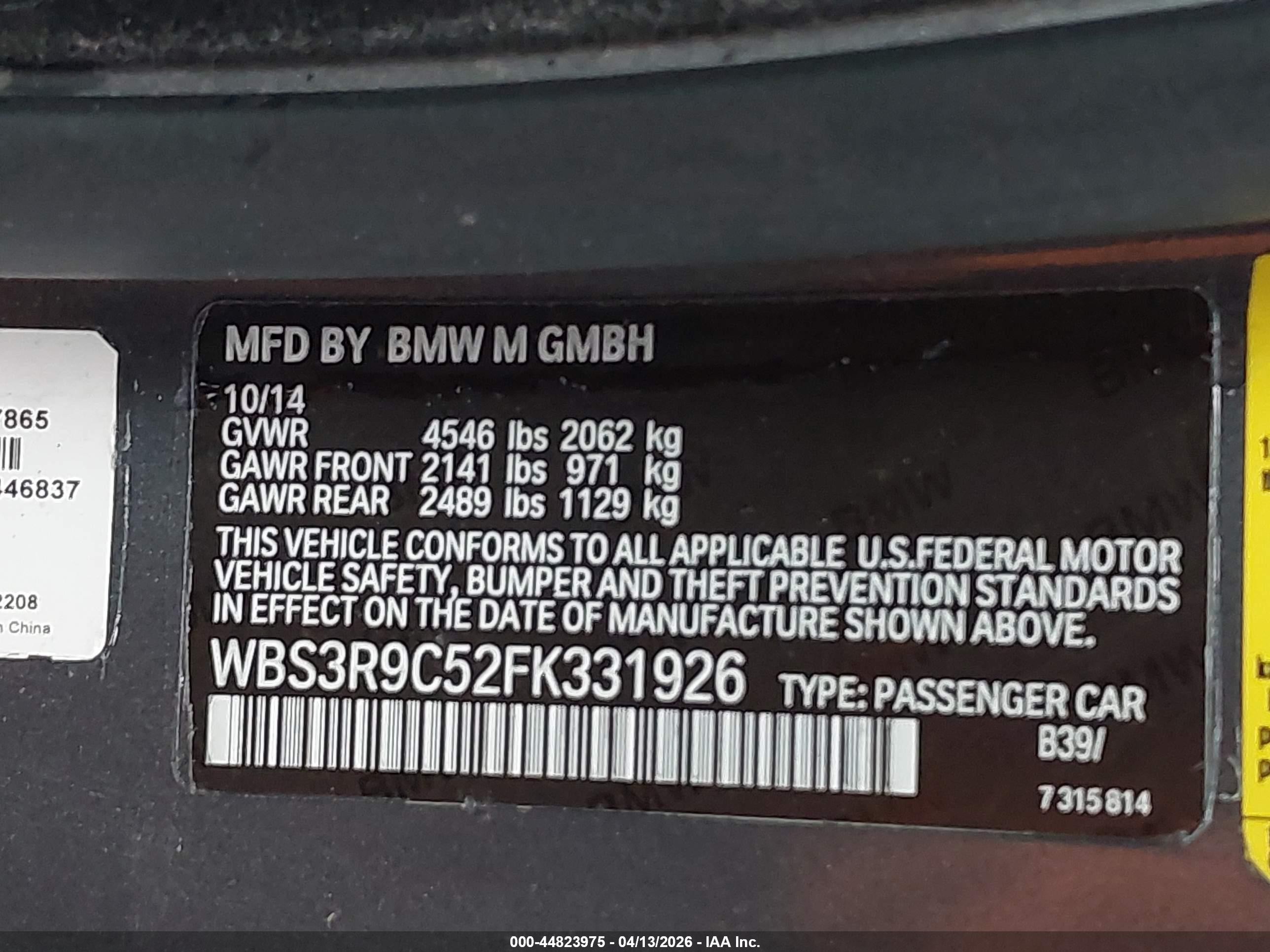 2015 BMW M4 VIN WBS3R9C52FK331926 IAAI salvage auction — Side, Salvage (Oregon), sold $14,250 on 2026-07-09 (photo 9)