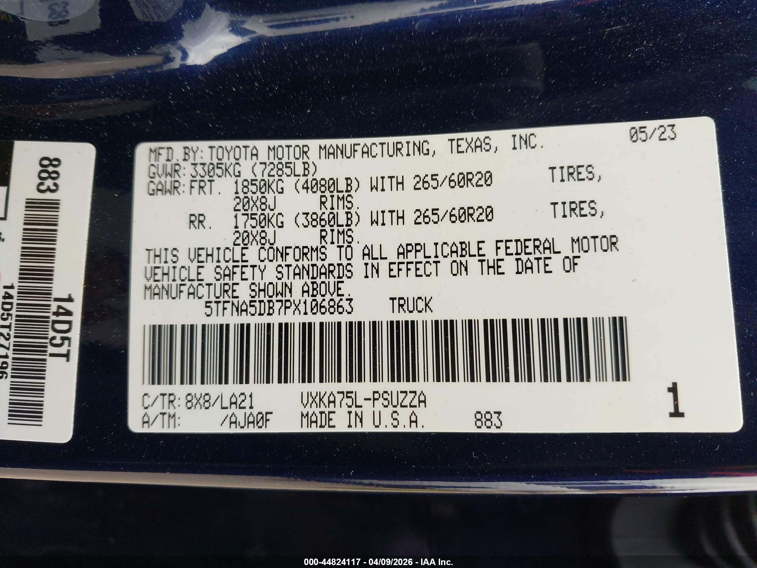 2023 Toyota Tundra VIN 5TFNA5DB7PX106863 IAAI salvage auction — Front End, Salvage (California), sold $20,900 on 2026-06-15 (photo 9)