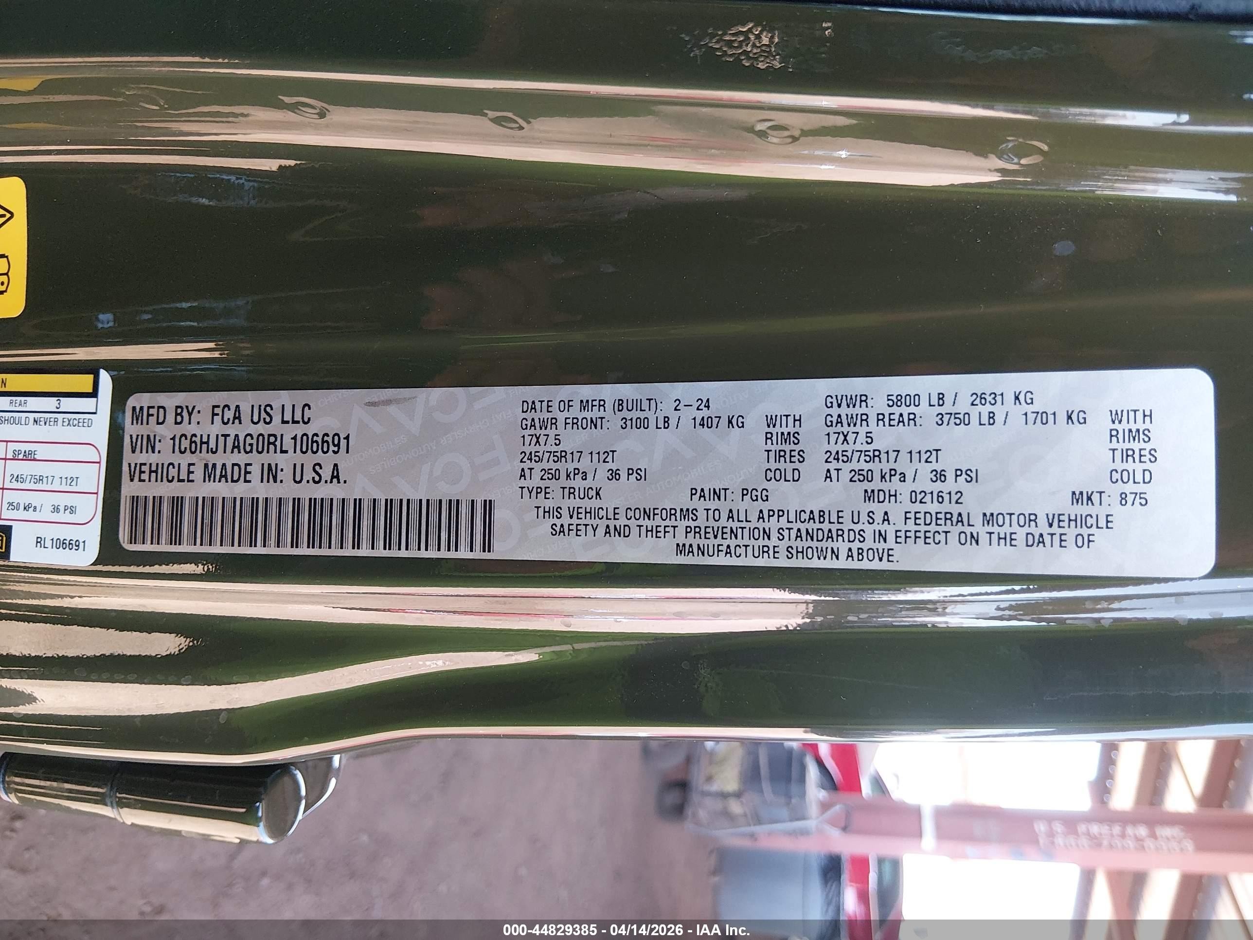 2024 Jeep Gladiator VIN 1C6HJTAG0RL106691 IAAI salvage auction — Unknown, Salvage (Arizona), sold $14,100 on 2026-05-26 (photo 9)