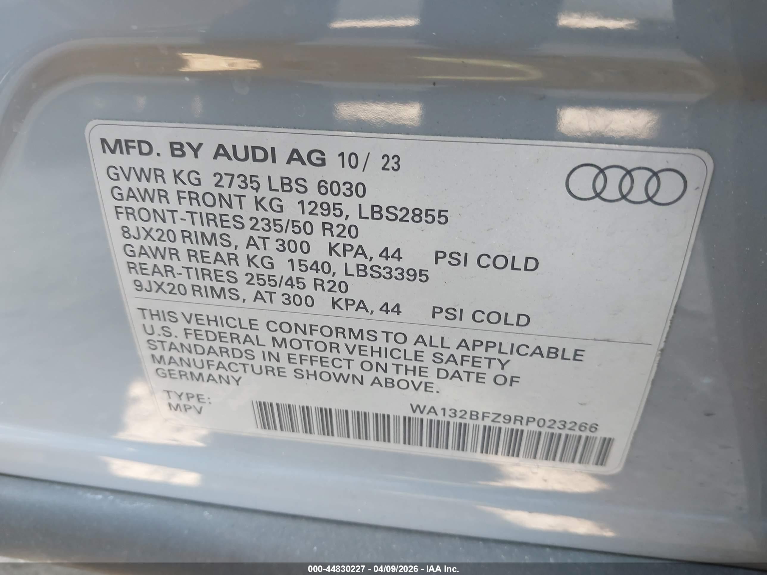 2024 Audi Q4 e-tron Sportback VIN WA132BFZ9RP023266 IAAI salvage auction — Front End, Salvage (California), sold $17,500 on 2026-09-12 (photo 9)