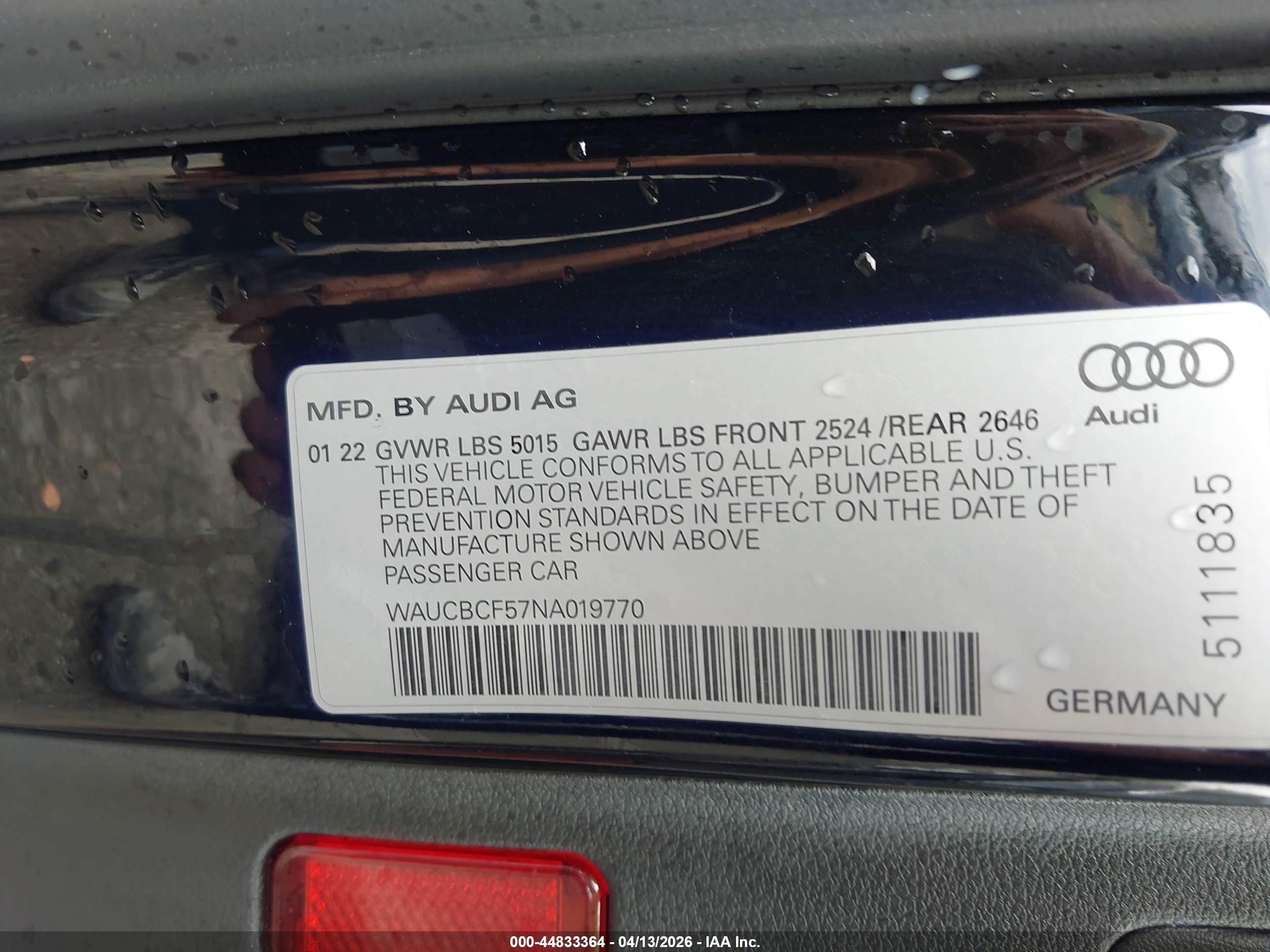2022 Audi A5 VIN WAUCBCF57NA019770 IAAI salvage auction — Front End, Salvage (Missouri), sold $5,550 on 2026-09-08 (photo 9)