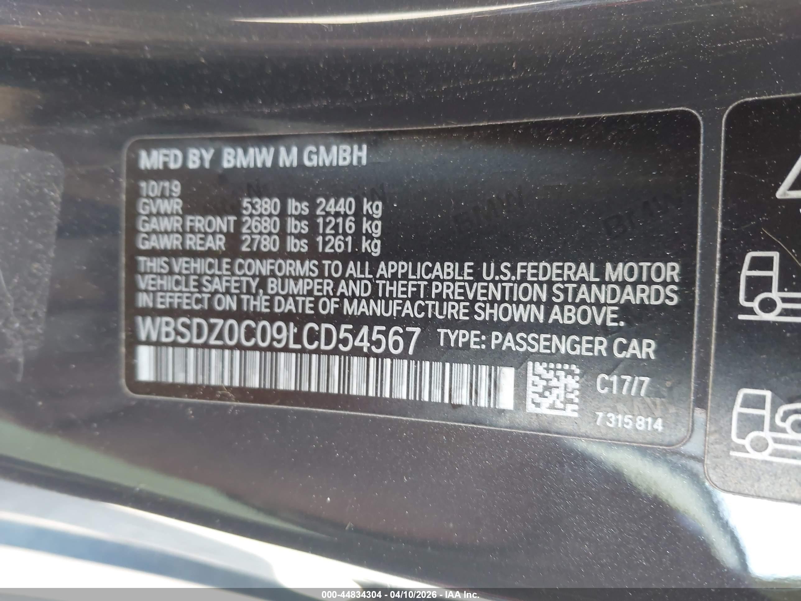 2020 BMW M8 VIN WBSDZ0C09LCD54567 IAAI salvage auction — Front End, Mv-907A (New York), sold $17,250 on 2026-06-23 (photo 9)
