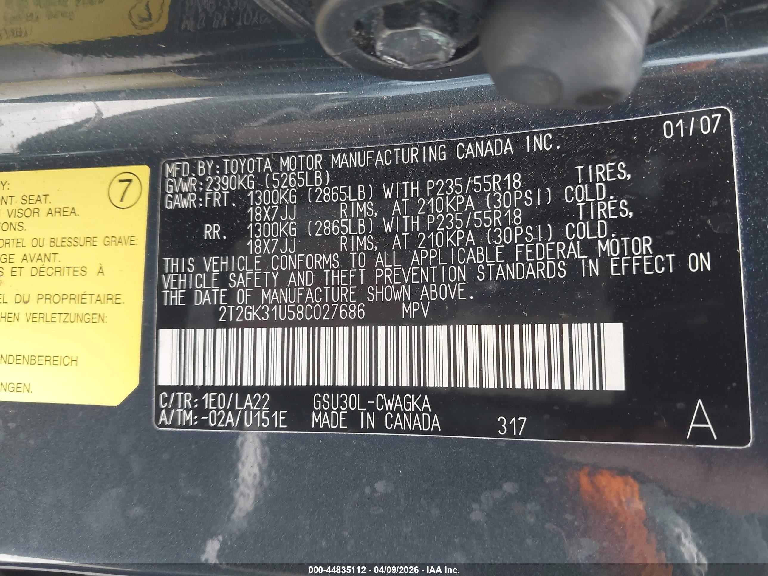 2008 Lexus RX 350 VIN 2T2GK31U58C027686 IAAI salvage auction — Side, Salvage (California), sold $1,300 on 2026-07-06 (photo 9)