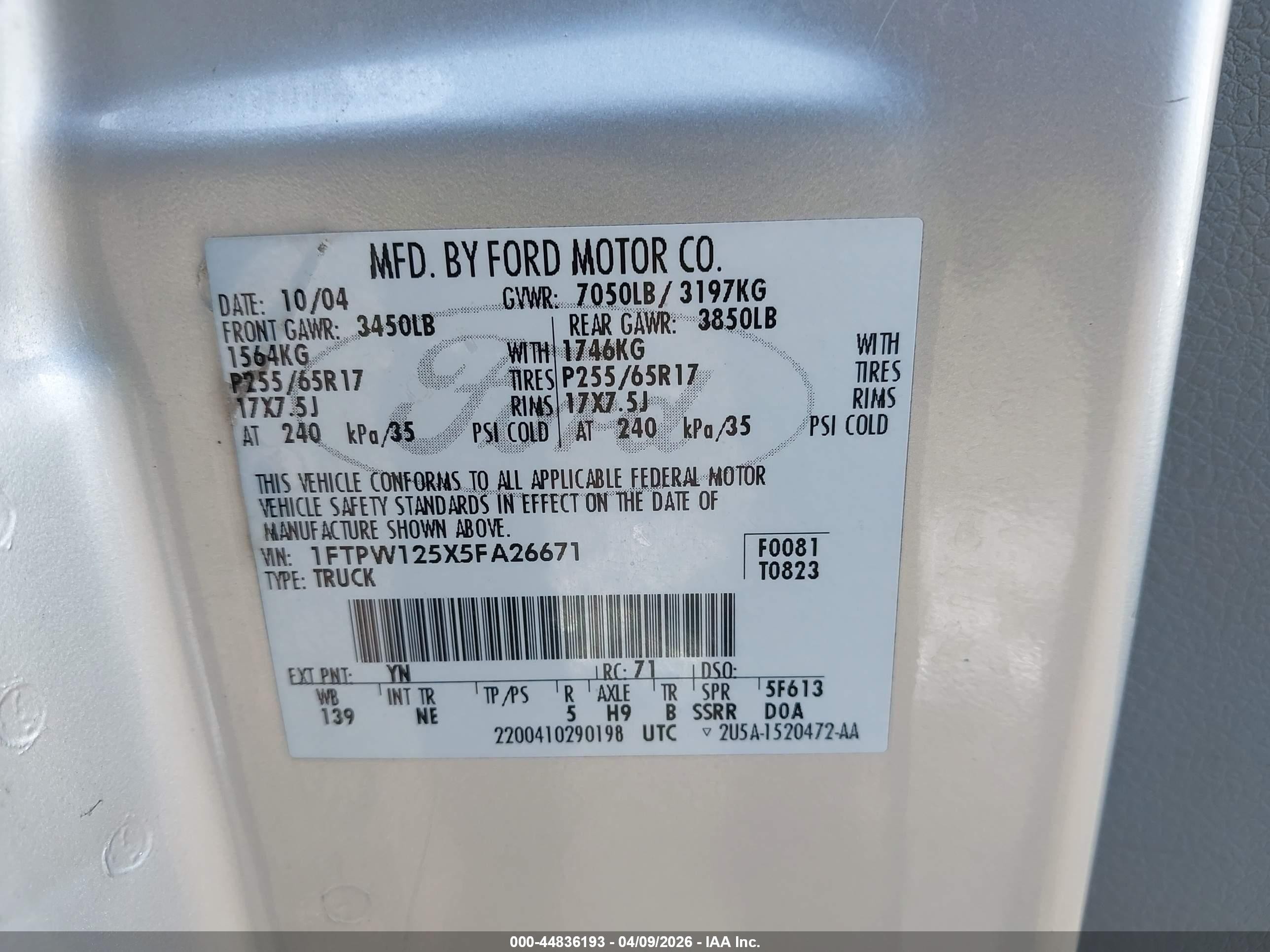 2005 Ford F-150 VIN 1FTPW125X5FA26671 IAAI salvage auction — Front End, Clear (Washington), sold $650 on 2026-07-07 (photo 9)