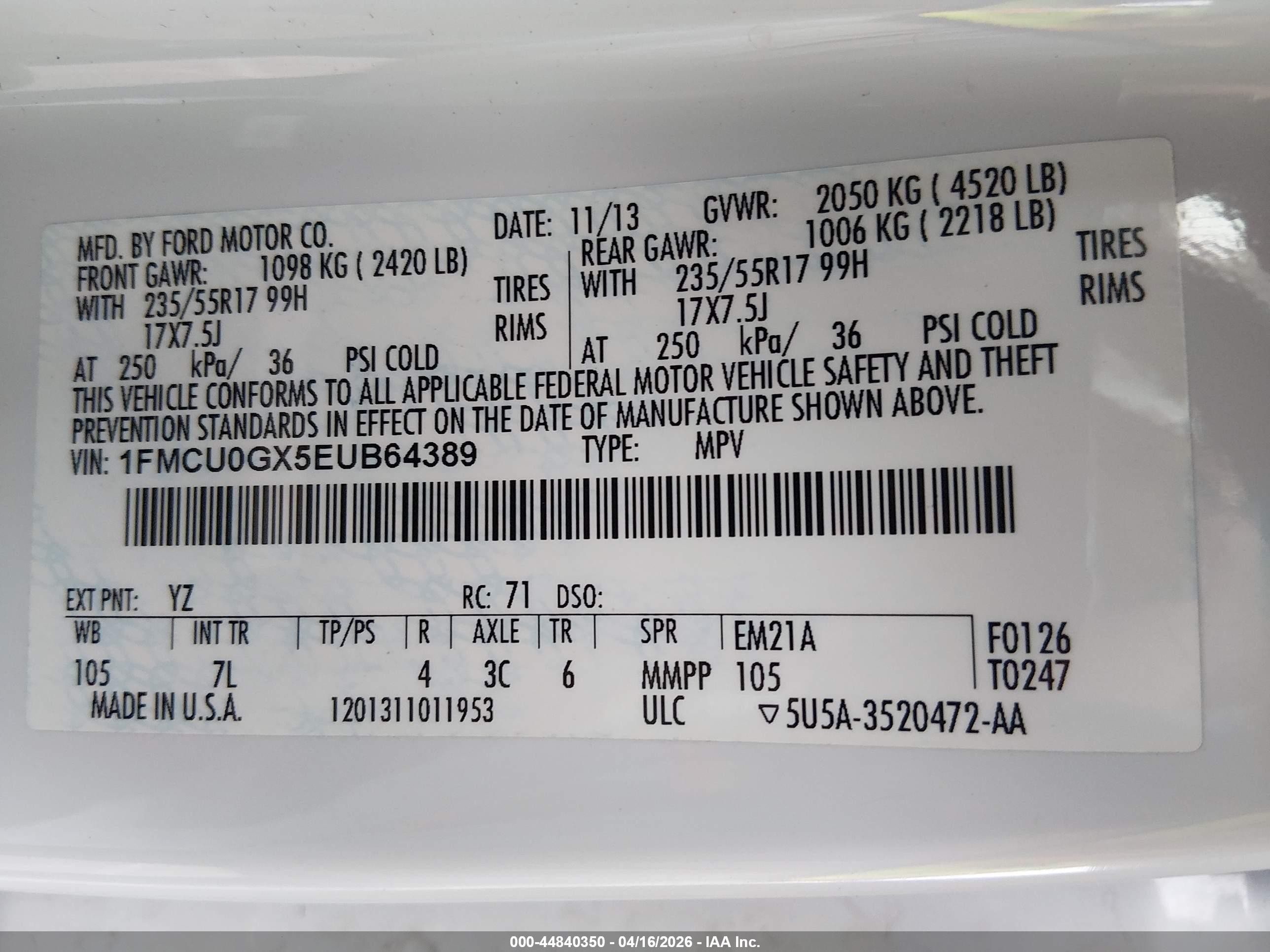 2014 Ford Escape VIN 1FMCU0GX5EUB64389 IAAI salvage auction — Normal Wear, Salvage (Texas), sold $100 on 2026-07-10 (photo 9)