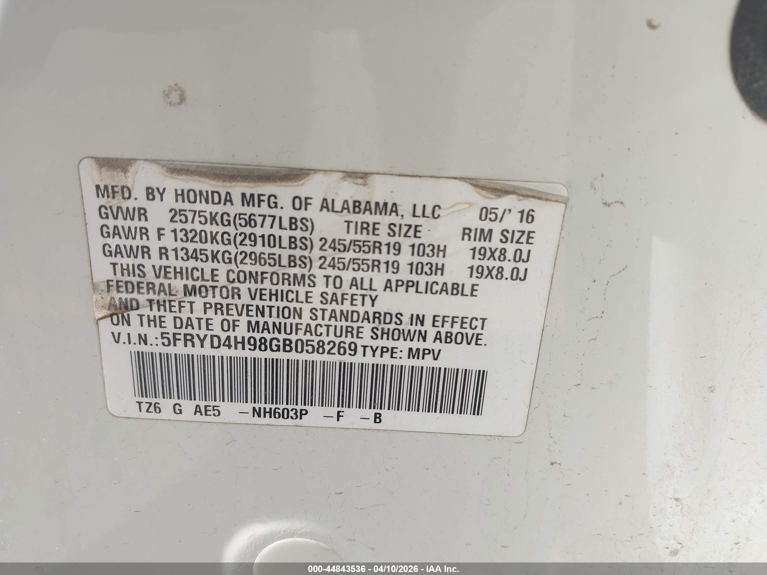 2016 Acura MDX VIN 5FRYD4H98GB058269 IAAI salvage auction — Rear End, Salvage (Utah), sold $4,000 on 2026-09-11 (photo 9)