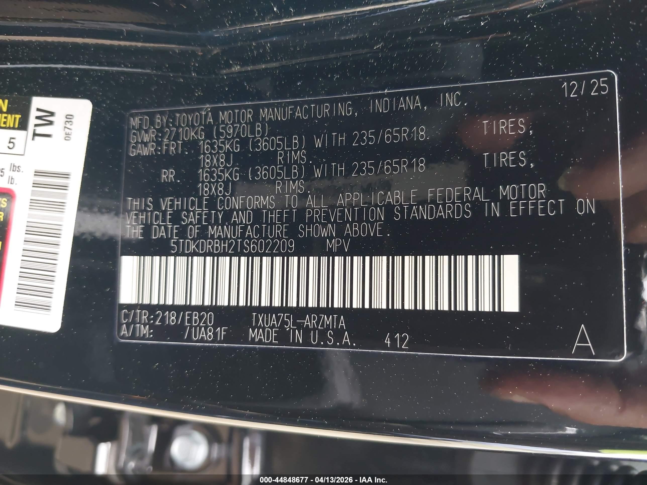 2026 Toyota Highlander VIN 5TDKDRBH2TS602209 IAAI salvage auction — Rear End, Salvage - Greater Than 75% (Maryland), sold $11,300 on 2026-07-10 (photo 9)