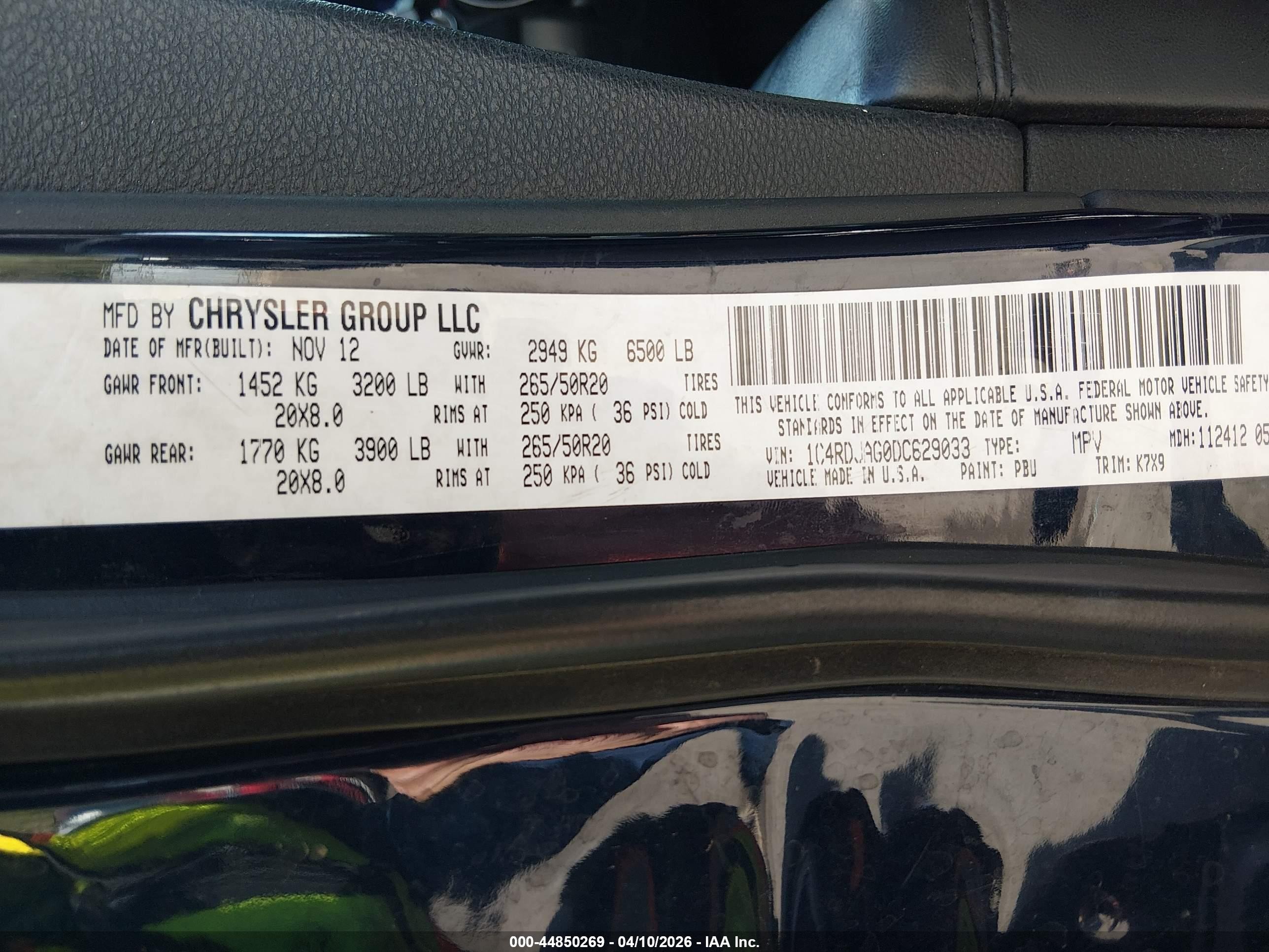2013 Dodge Durango VIN 1C4RDJAG0DC629033 IAAI salvage auction — Front End, Salvage (Utah), sold $1,025 on 2026-07-09 (photo 9)