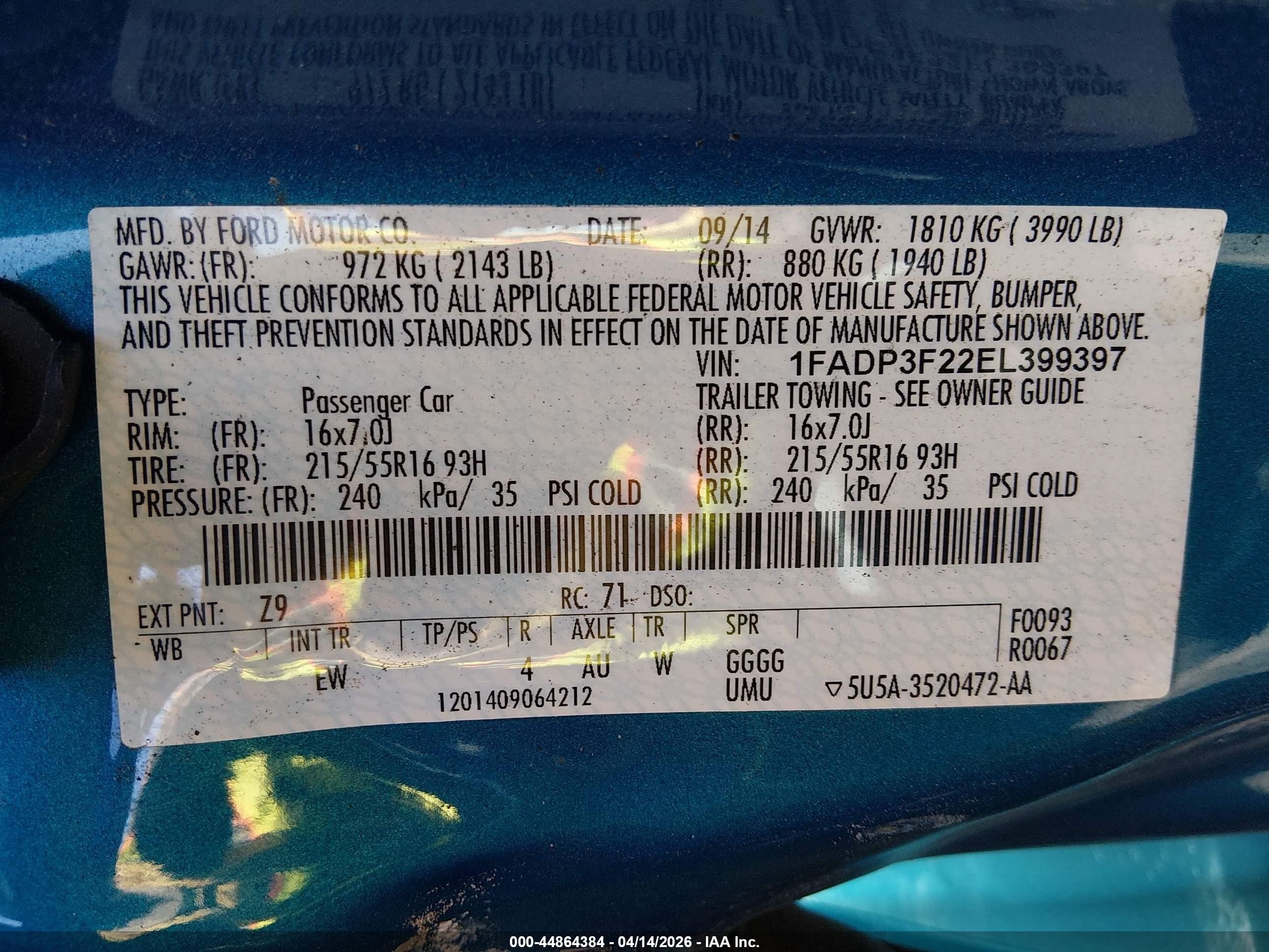 2014 Ford Focus VIN 1FADP3F22EL399397 IAAI salvage auction — Biohazard/Chemical, Salvage (Nevada), sold $100 on 2026-07-10 (photo 9)