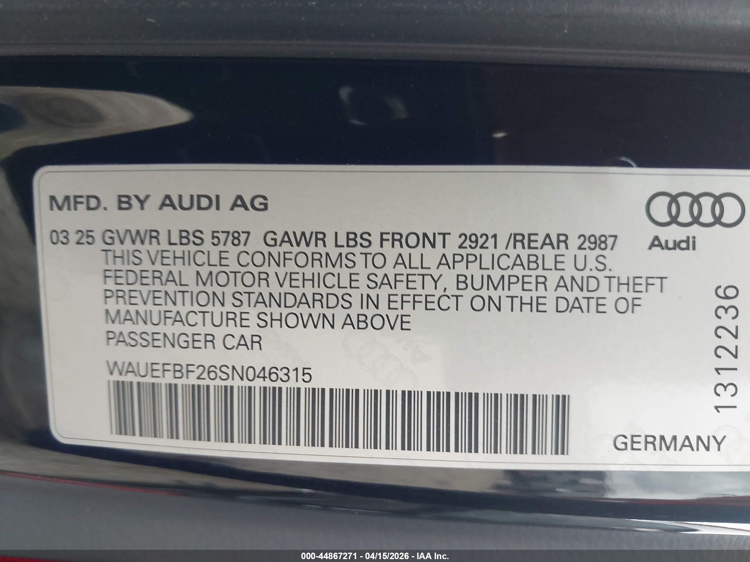 2025 Audi S6 VIN WAUEFBF26SN046315 IAAI salvage auction — Side, Original (Texas), sold $31,500 on 2026-05-26 (photo 9)