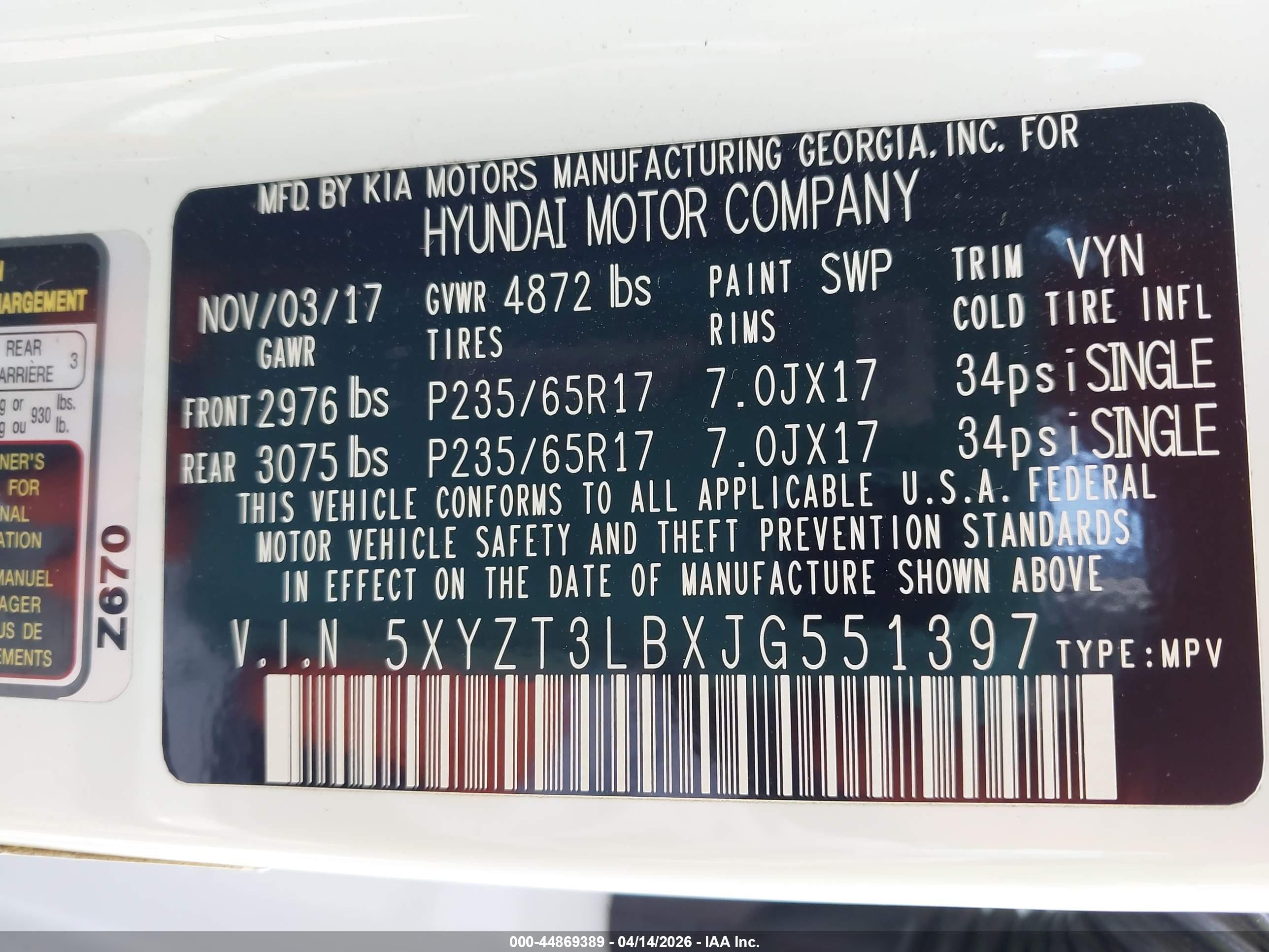 2018 Hyundai Santa Fe VIN 5XYZT3LBXJG551397 IAAI salvage auction — Rear End, Salvage (Indiana), sold $2,250 on 2026-07-11 (photo 9)