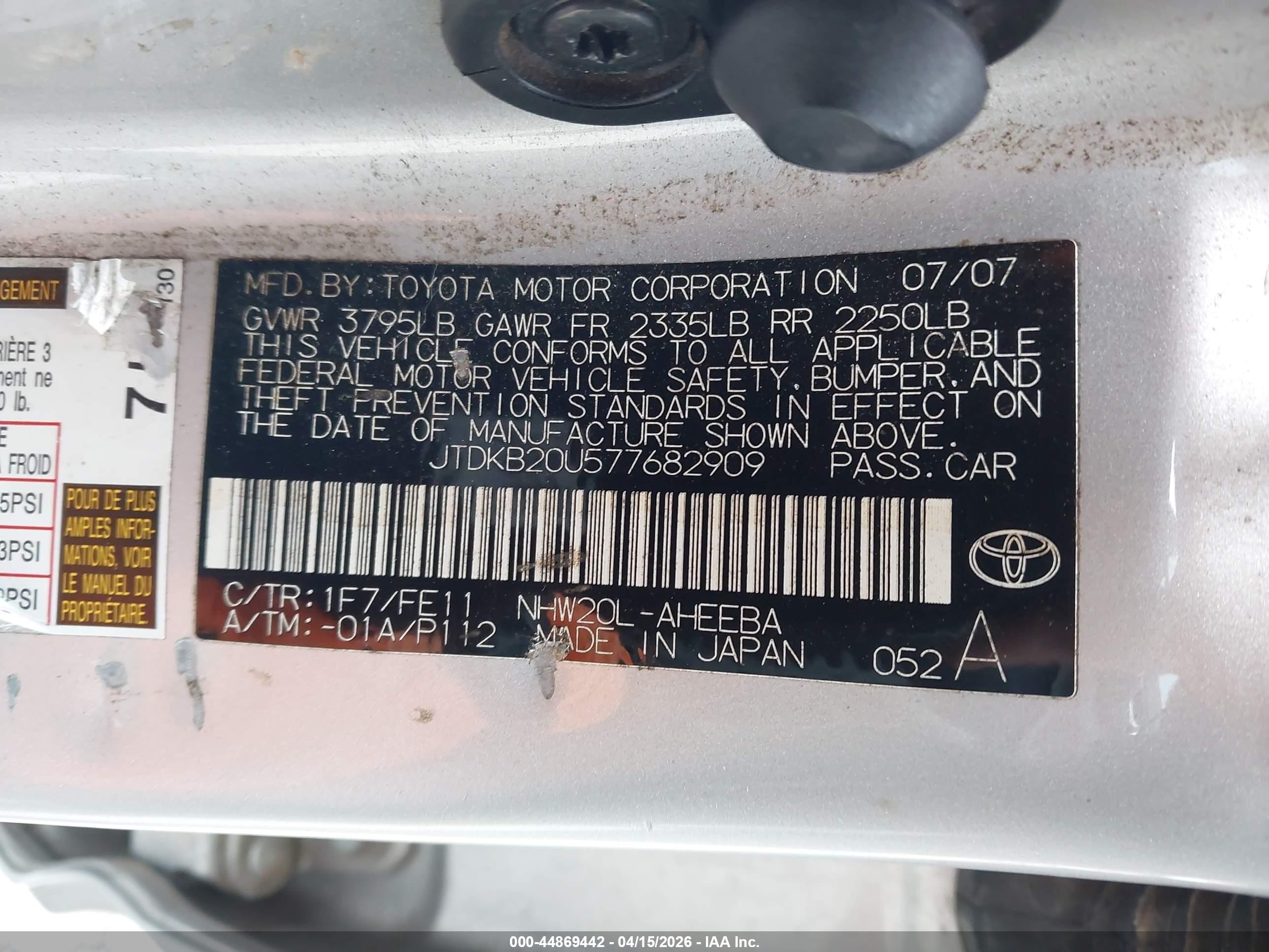 2007 Toyota Prius VIN JTDKB20U577682909 IAAI salvage auction — Rear End, Salvage (Oregon), sold $400 on 2026-07-03 (photo 9)