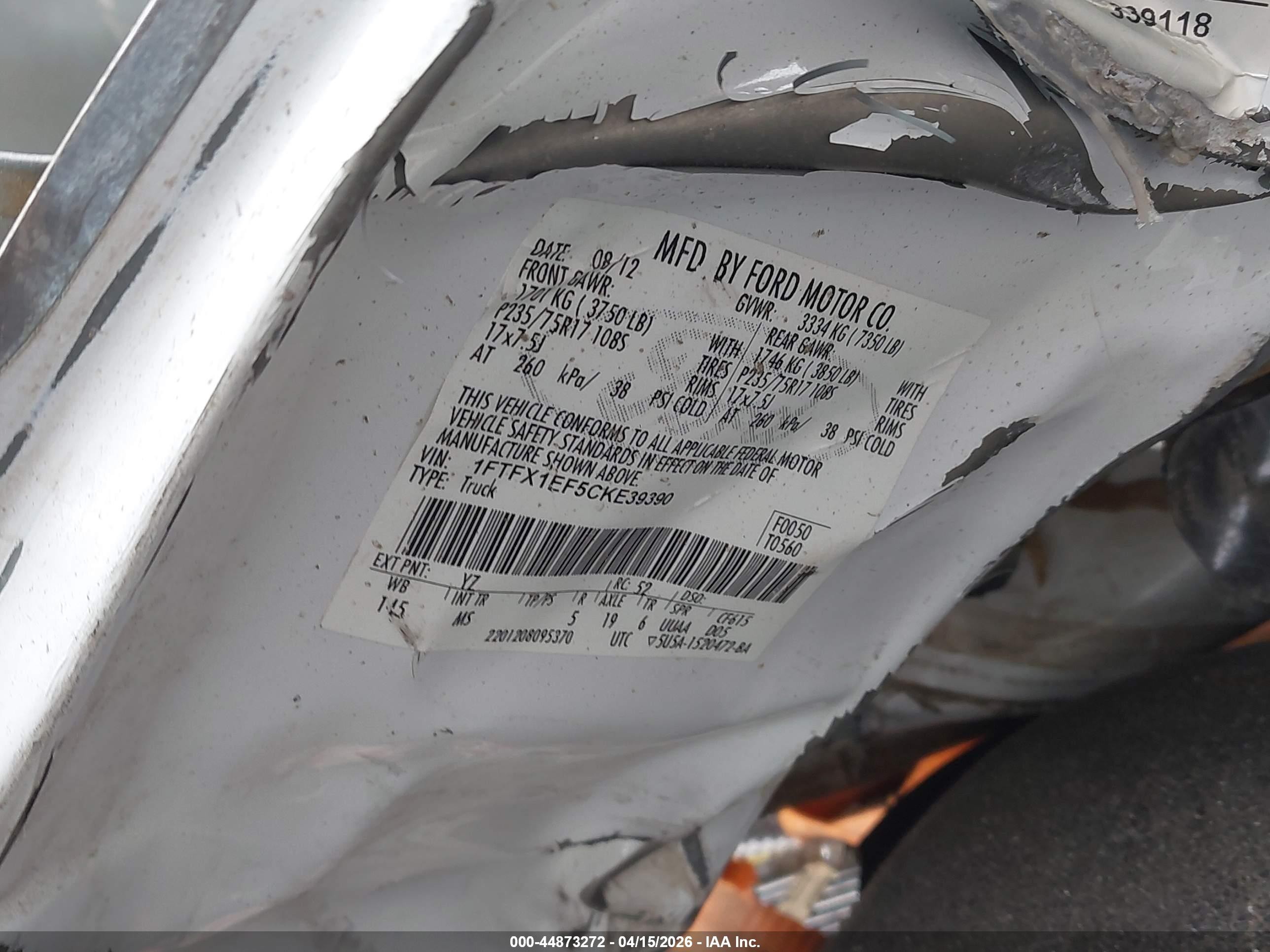 2012 Ford F-150 VIN 1FTFX1EF5CKE39390 IAAI salvage auction — Front & Rear, Salvage (Utah), sold $400 on 2026-07-09 (photo 9)