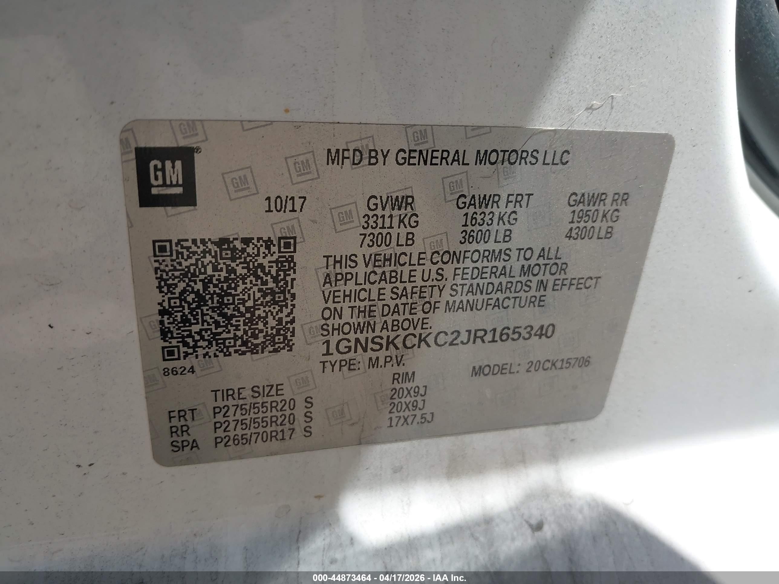 2018 Chevrolet Tahoe VIN 1GNSKCKC2JR165340 IAAI salvage auction — Front End, Salvage (Tennessee), sold $6,600 on 2026-07-11 (photo 9)