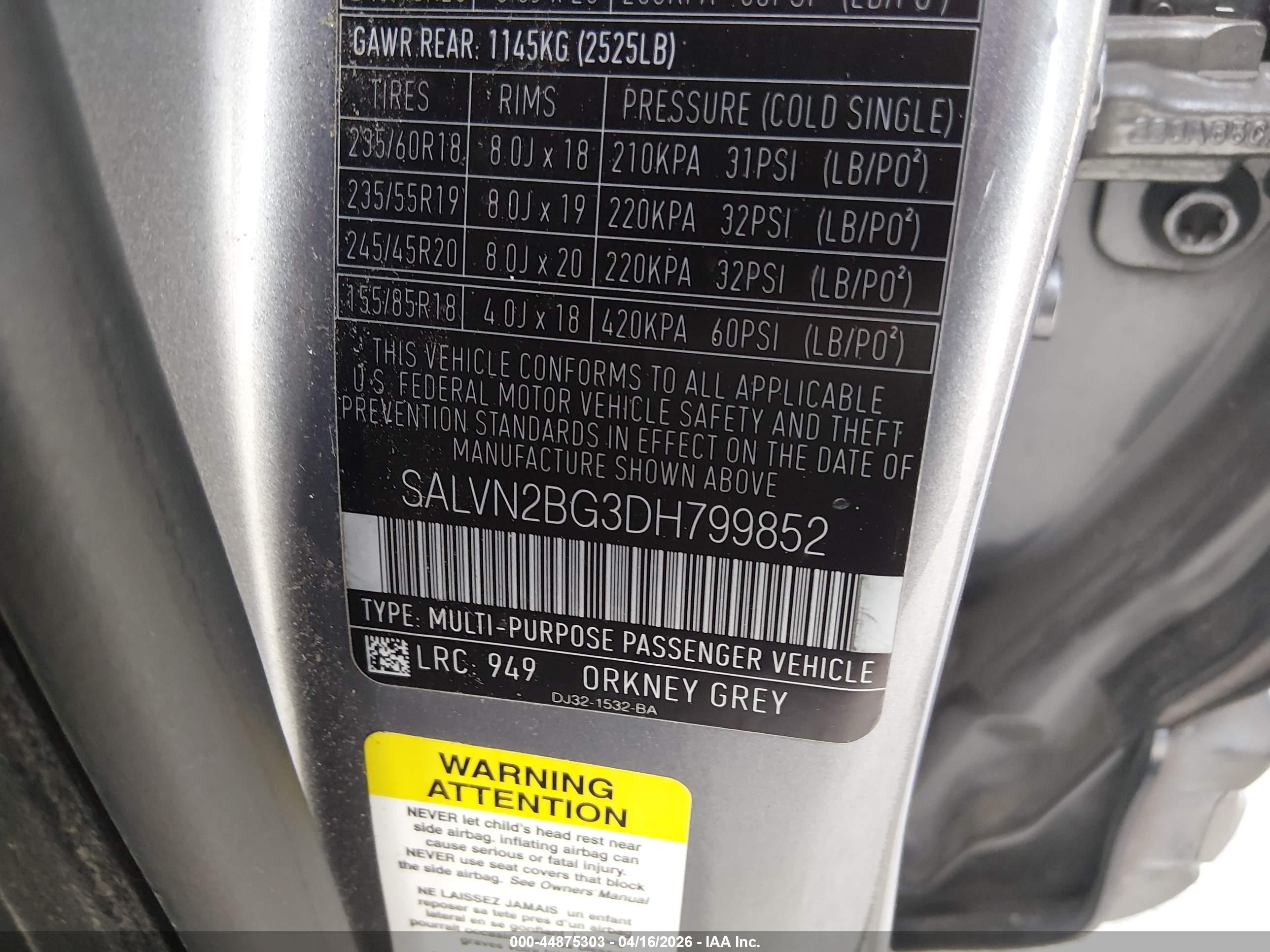 2013 Land Rover Range Rover Evoque VIN SALVN2BG3DH799852 IAAI salvage auction — Side, Original (Texas), sold $1,675 on 2026-06-30 (photo 9)