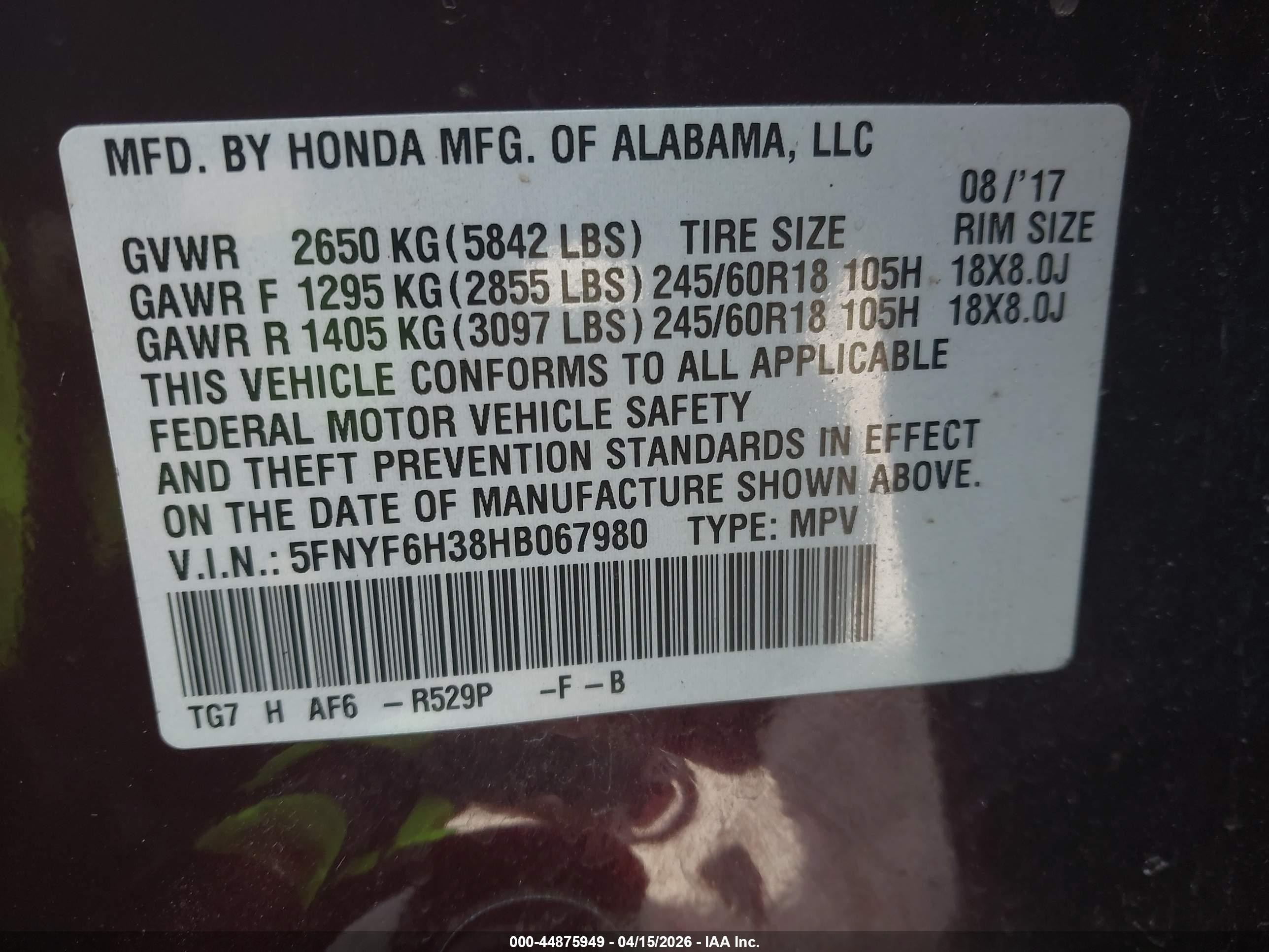 2017 Honda Pilot VIN 5FNYF6H38HB067980 IAAI salvage auction — Rear End, Salvage (Arizona), sold $3,700 on 2026-07-07 (photo 9)
