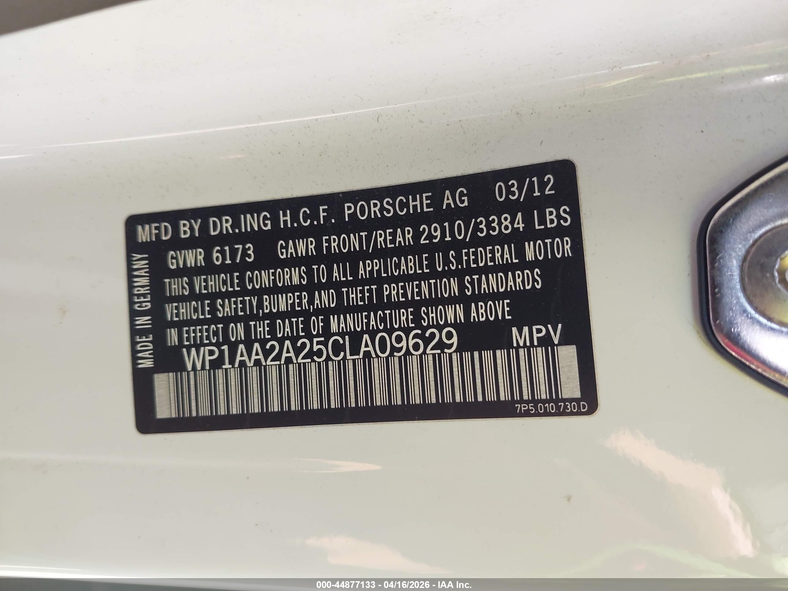 2012 Porsche Cayenne VIN WP1AA2A25CLA09629 IAAI salvage auction — Top/Roof, Original (Texas), sold $2,700 on 2026-06-30 (photo 9)