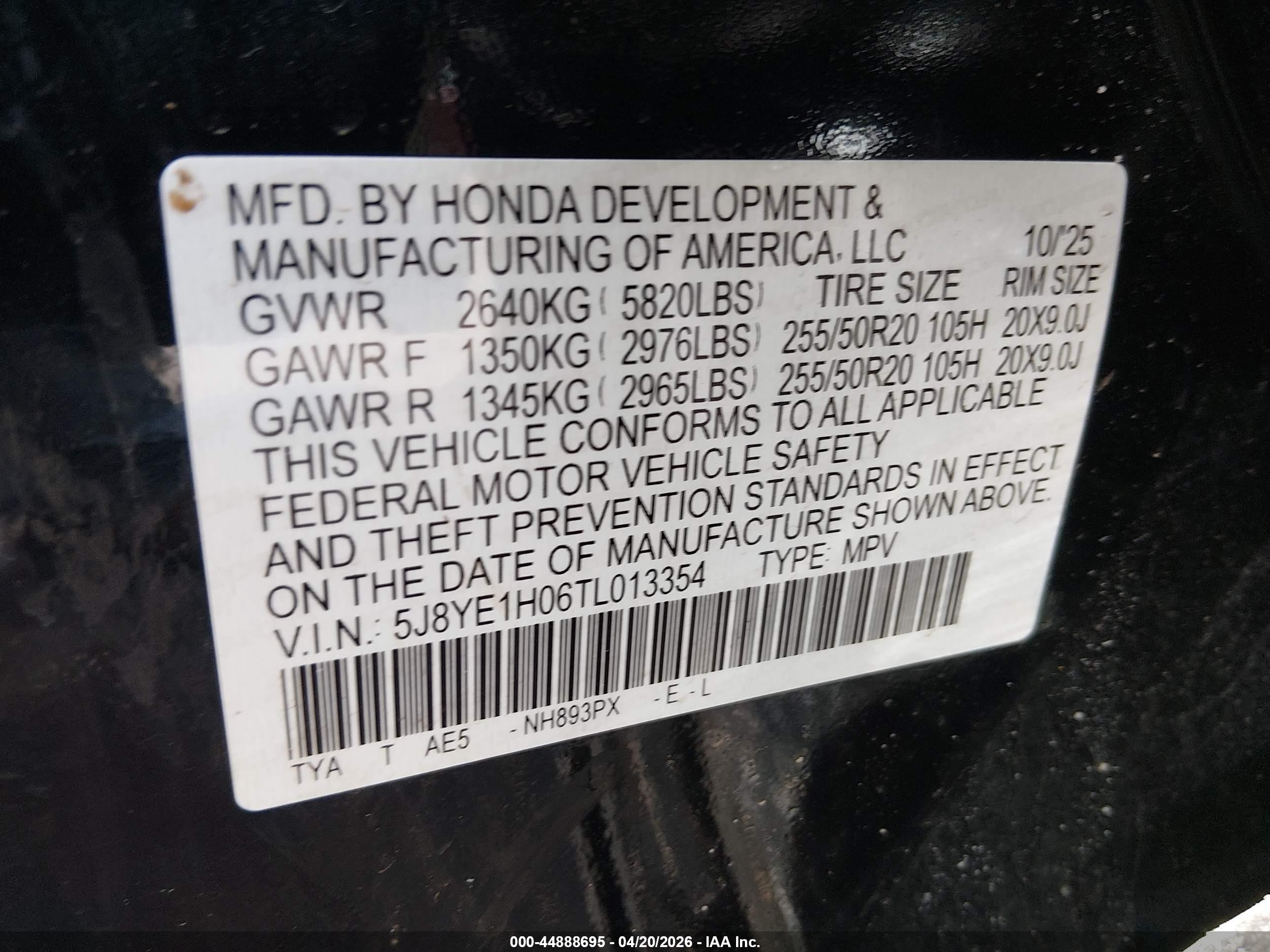 2026 Acura MDX VIN 5J8YE1H06TL013354 IAAI salvage auction — Theft, Salvage (New Jersey), sold $32,000 on 2026-07-05 (photo 9)