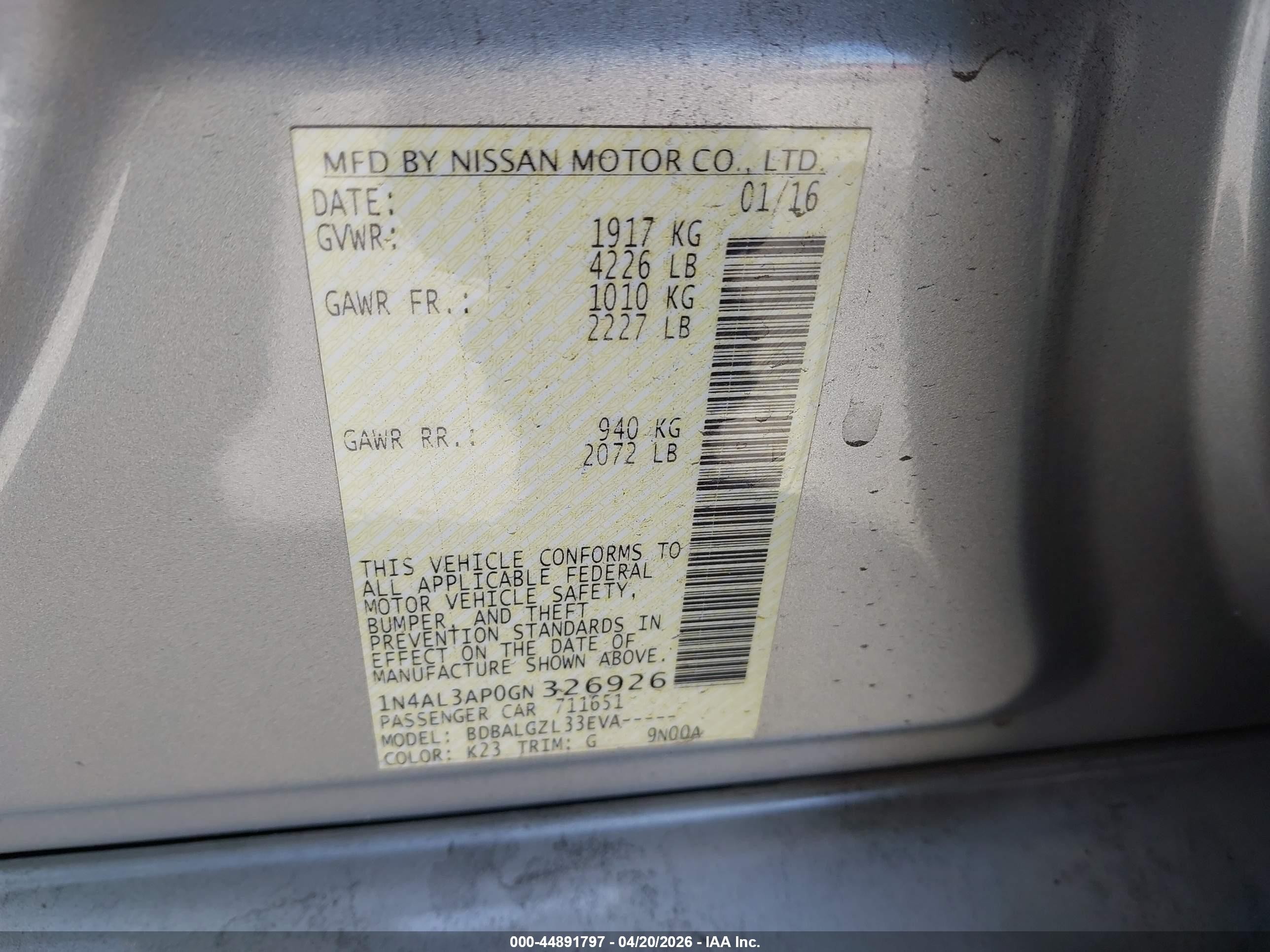 2016 Nissan Altima VIN 1N4AL3AP0GN326926 IAAI salvage auction — Side, Salvage (California), sold $1,950 on 2026-07-05 (photo 9)