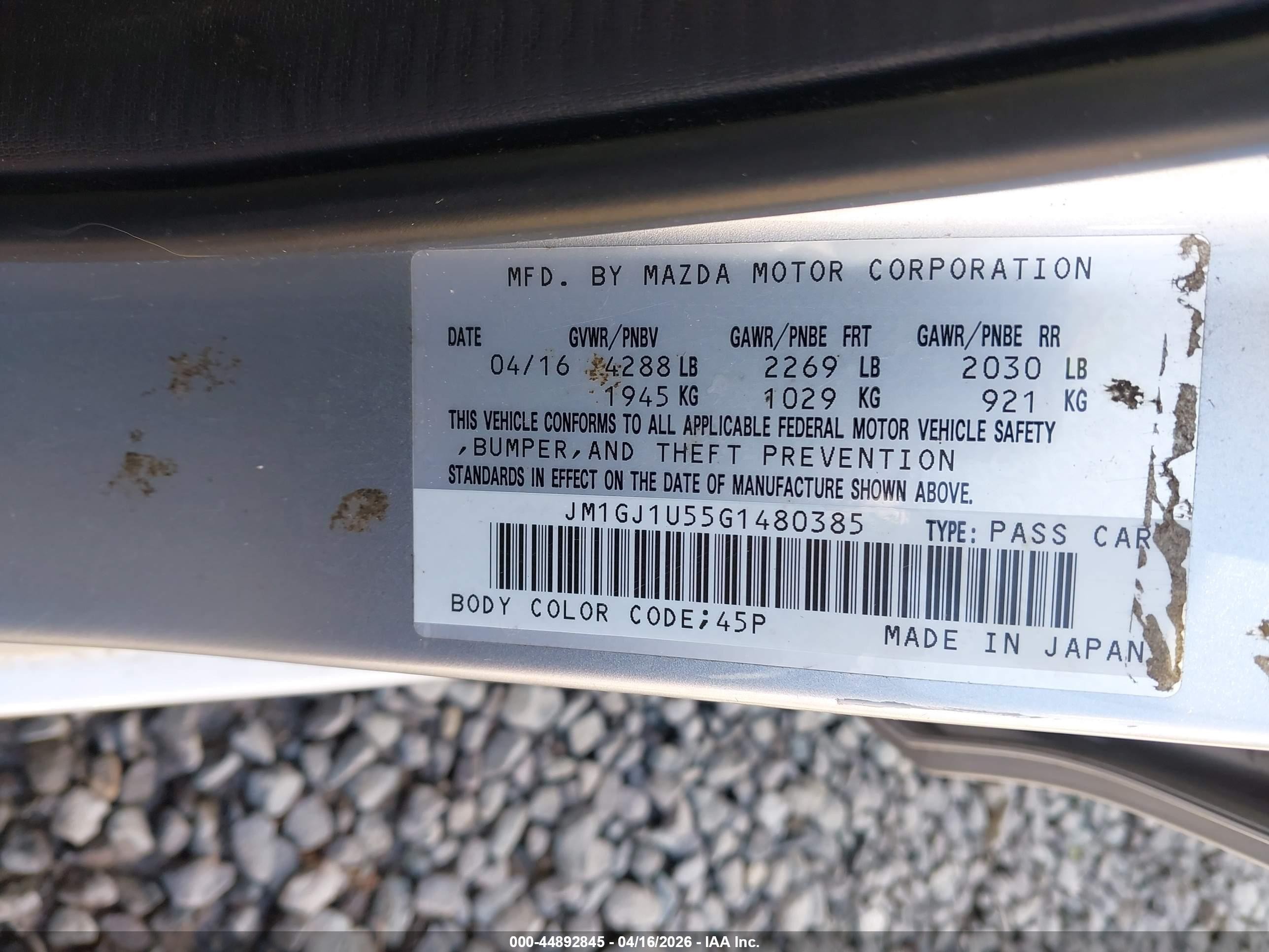 2016 Mazda 6 VIN JM1GJ1U55G1480385 IAAI salvage auction — Rear End, Bill Of Sale (Washington), sold $1,150 on 2026-09-13 (photo 9)