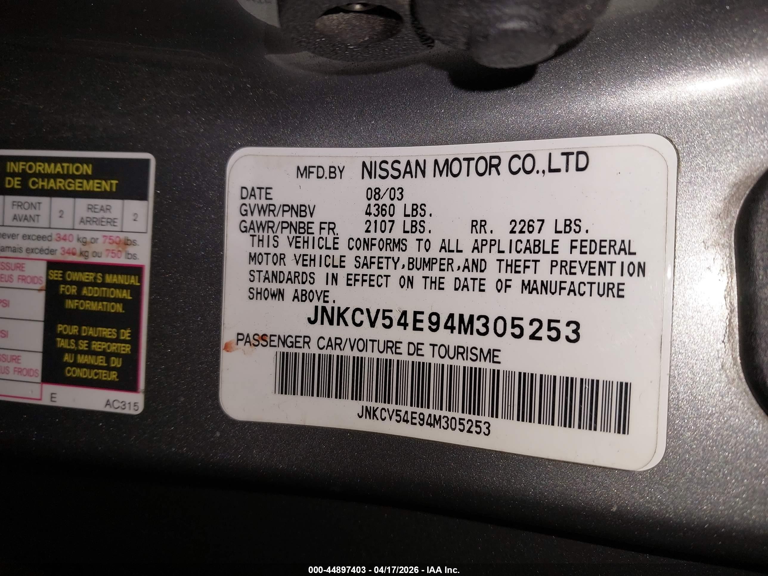 2004 Infiniti G35 VIN JNKCV54E94M305253 IAAI salvage auction — Front End, Salvage (Oregon), sold $275 on 2026-07-09 (photo 9)