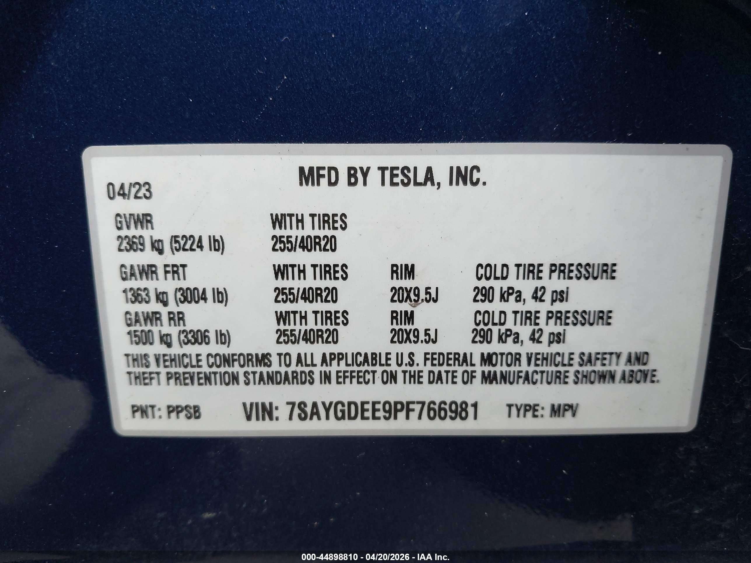 2023 Tesla Model Y VIN 7SAYGDEE9PF766981 IAAI salvage auction — Side, Mv-907A (New York), sold $12,825 on 2026-06-30 (photo 9)