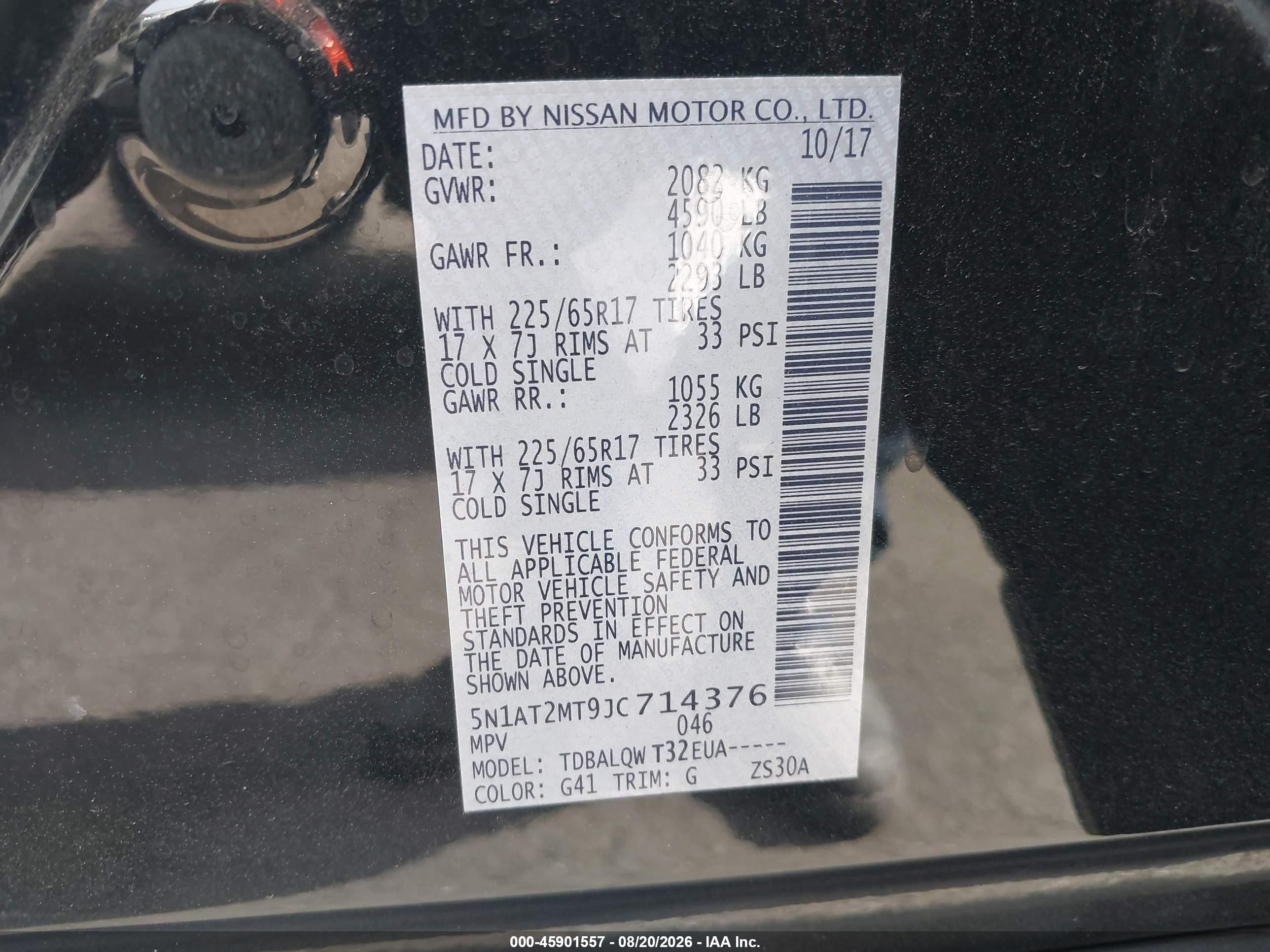 2018 Nissan Rogue VIN 5N1AT2MT9JC714376 IAAI salvage auction — Front End, Salvage Certificate (California), sold $2,100 on 2026-09-13 (photo 9)