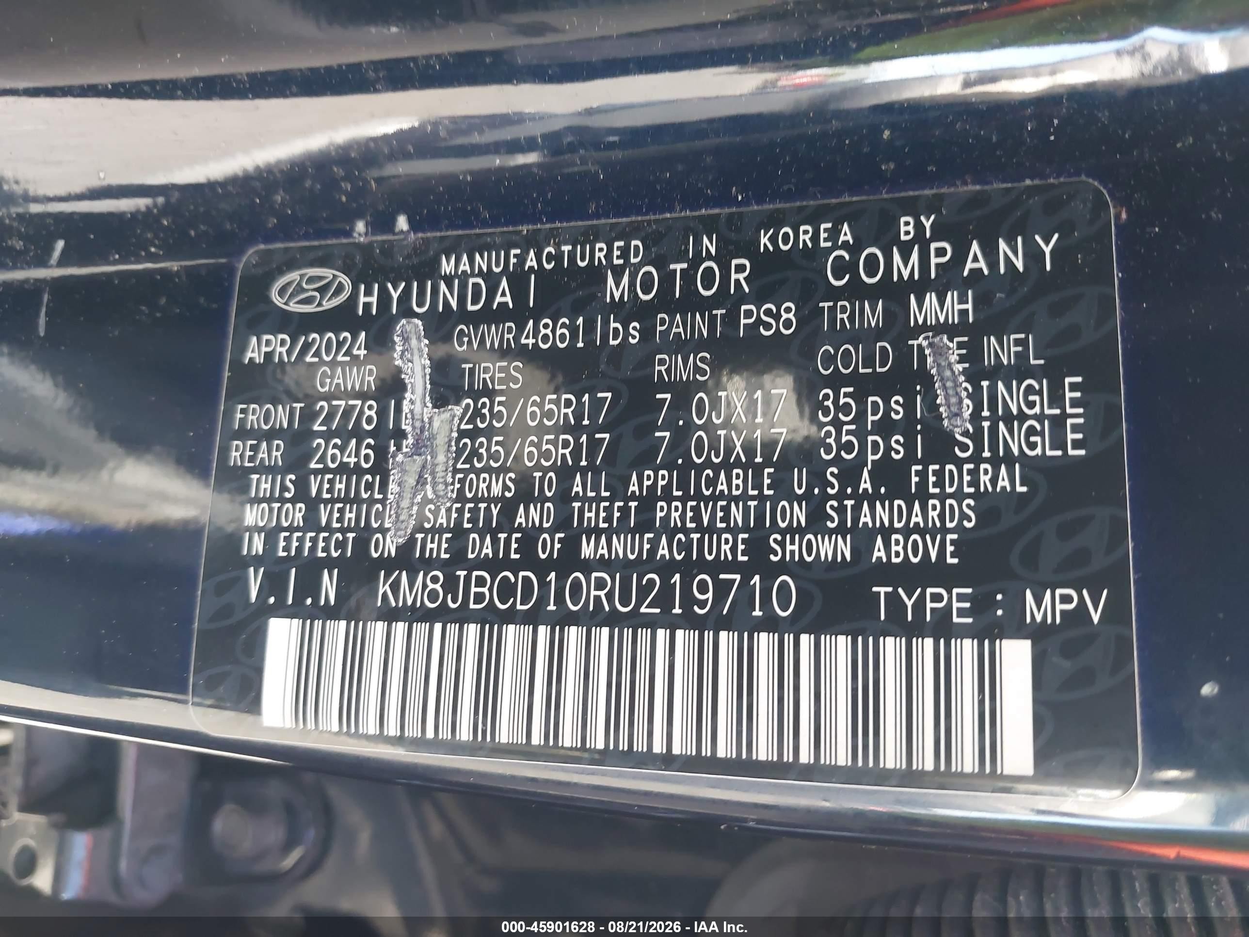 2024 Hyundai Tucson Hybrid VIN KM8JBCD10RU219710 IAAI salvage auction — Unknown, Salvage Certificate (California), sold $8,700 on 2026-09-13 (photo 9)