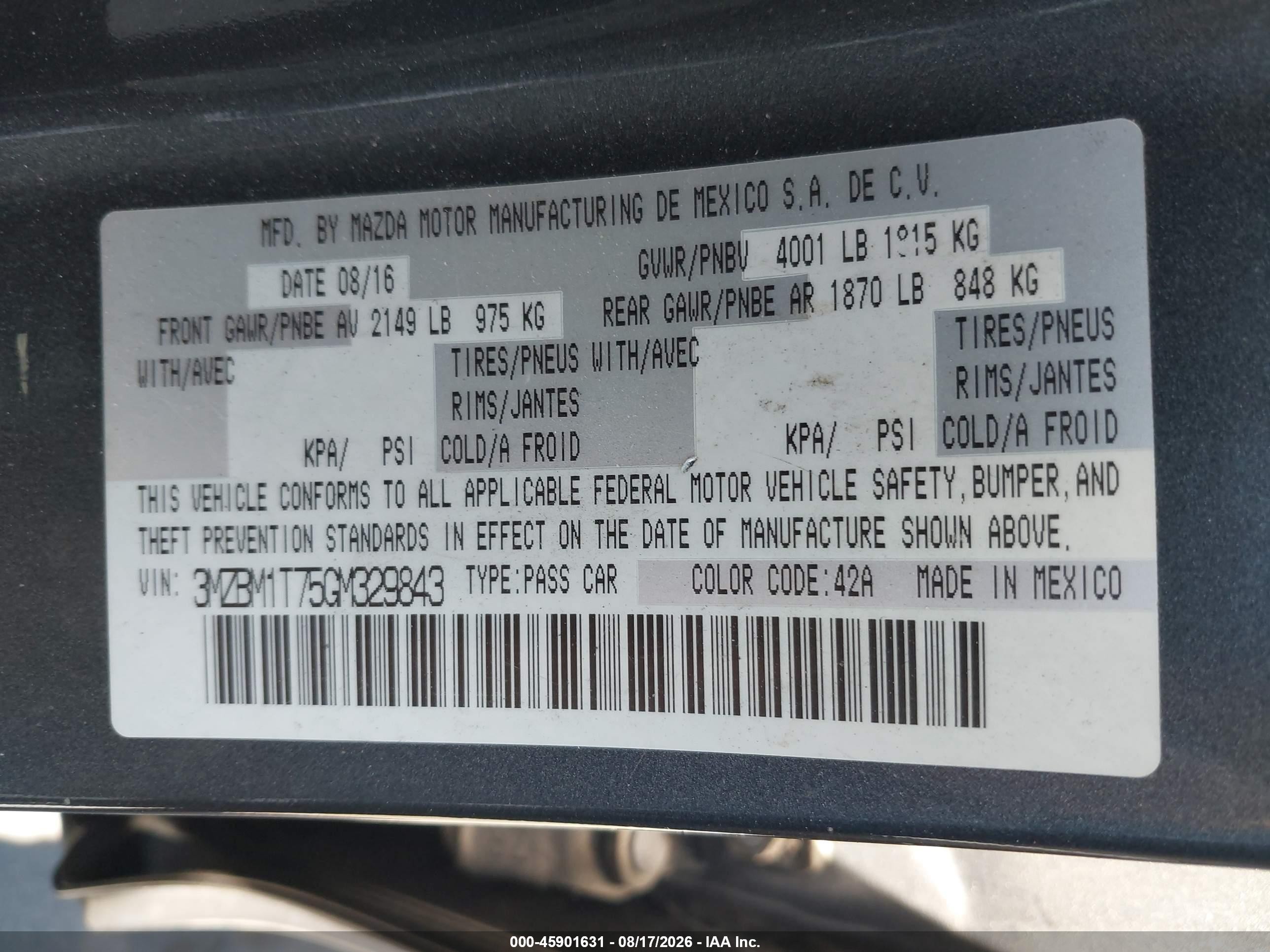 2016 Mazda 3 VIN 3MZBM1T75GM329843 IAAI salvage auction — Rear End, Salvage Certificate (California), sold $1,900 on 2026-09-11 (photo 9)