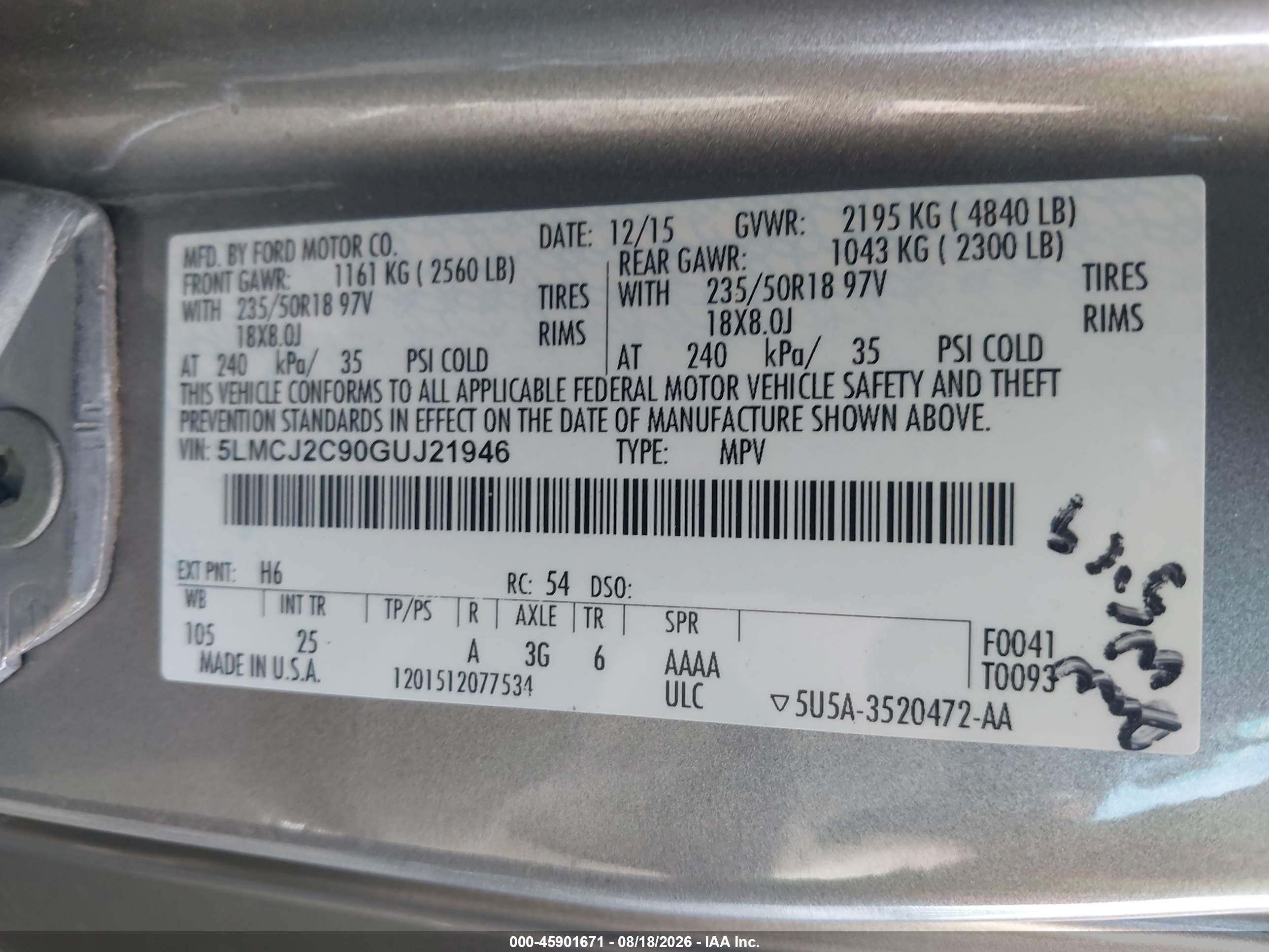 2016 Lincoln MKC VIN 5LMCJ2C90GUJ21946 IAAI salvage auction — Side, Salvage Certificate (California), sold $1,800 on 2026-09-13 (photo 9)