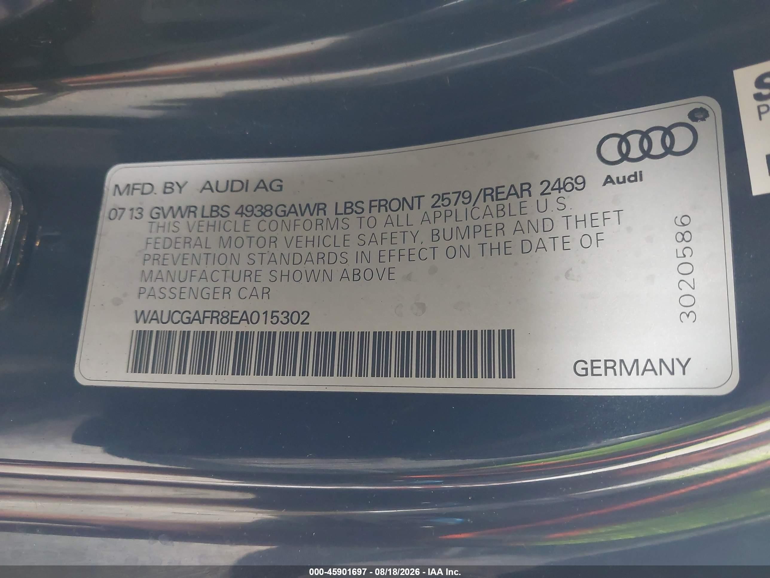 2014 Audi S5 VIN WAUCGAFR8EA015302 IAAI salvage auction — Side, Bill Of Sale (Washington), sold $3,475 on 2026-09-02 (photo 9)