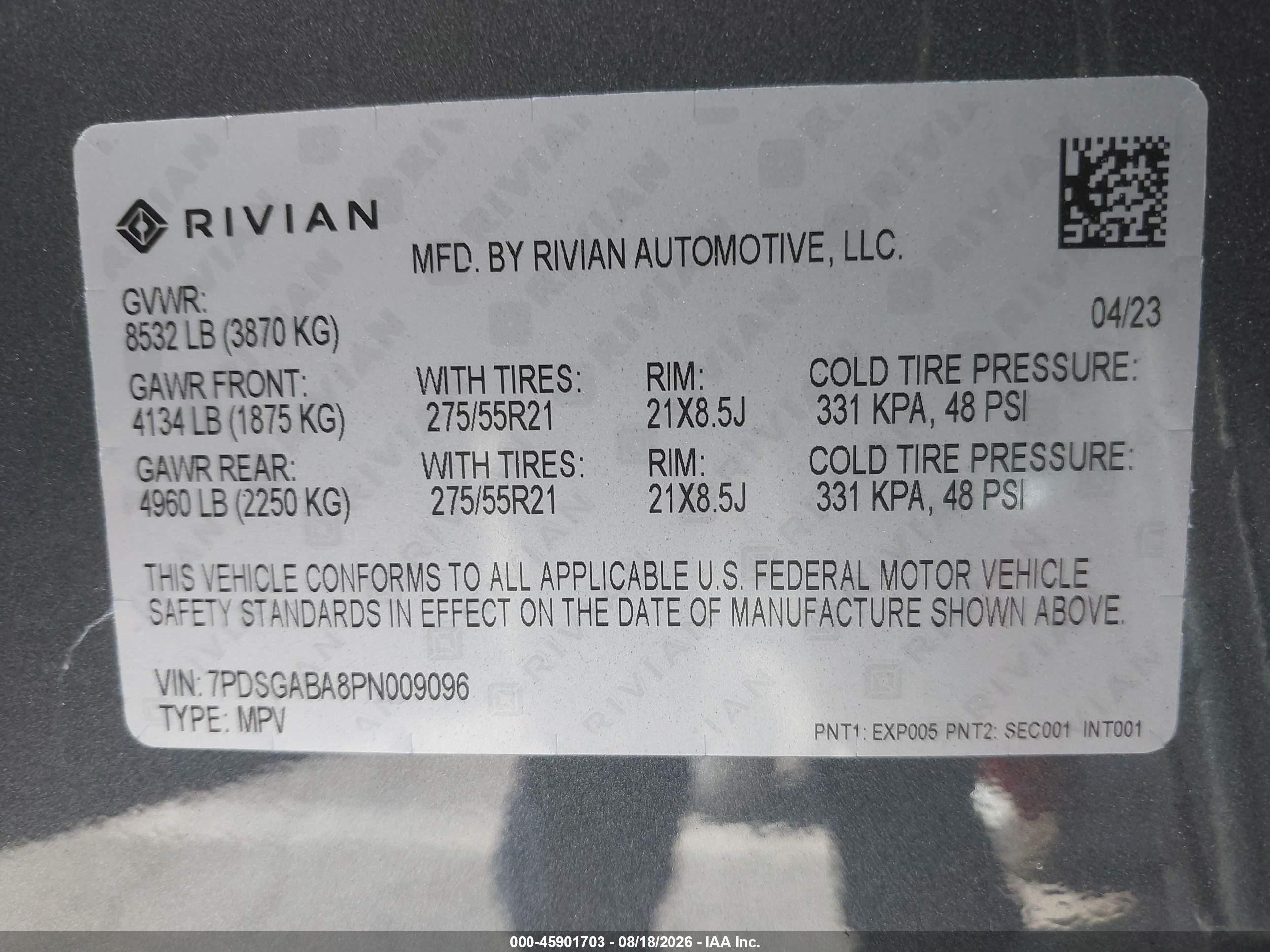 2023 Rivian R1S VIN 7PDSGABA8PN009096 IAAI salvage auction — Front End, Salvage (California), sold $11,700 on 2026-09-02 (photo 9)