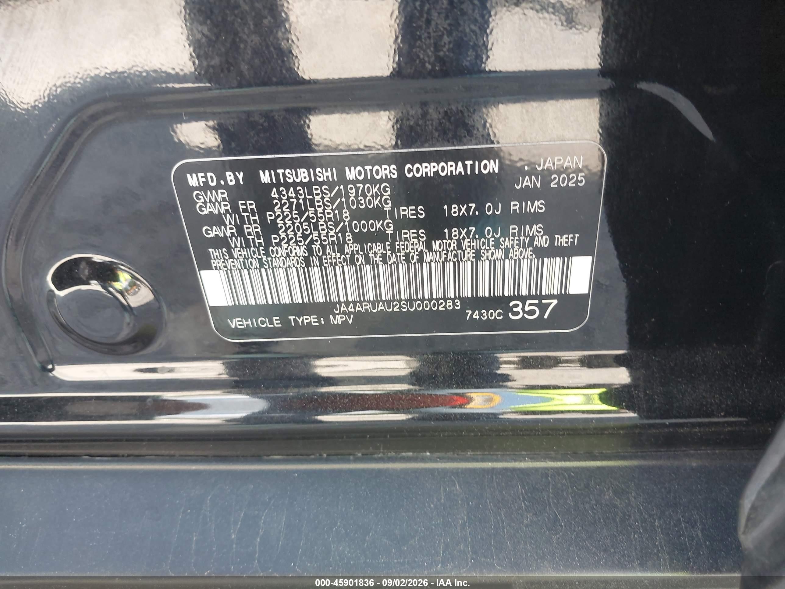 2025 Mitsubishi Outlander Sport VIN JA4ARUAU2SU000283 IAAI salvage auction — Front End, Wait Title, sold $4,750 on 2026-09-20 (photo 9)